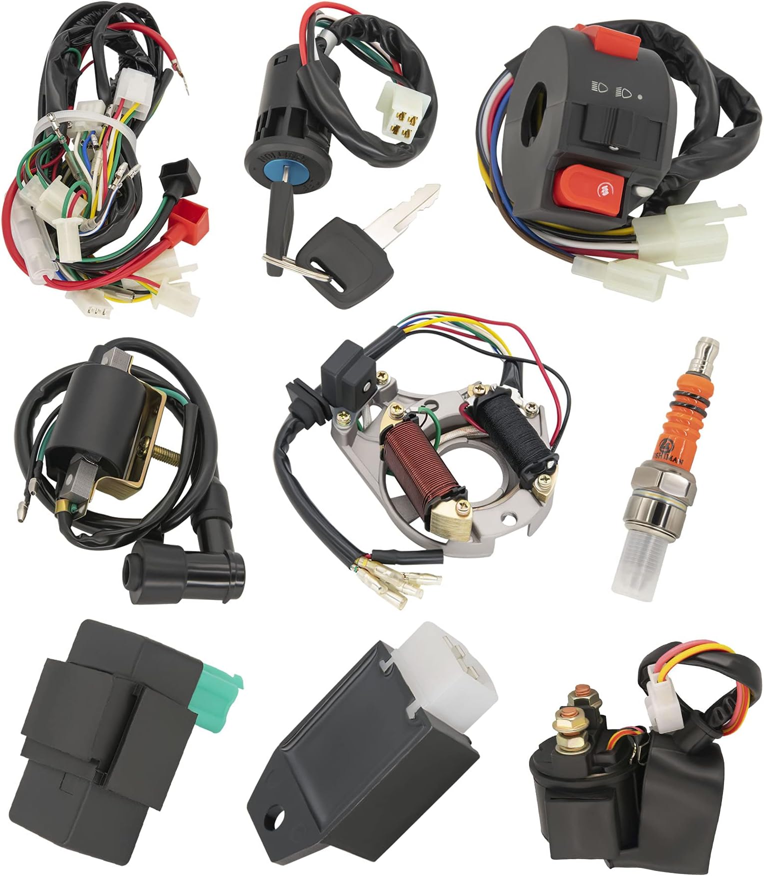 Complete Electrics Stator Coil CDI Wiring Harness Solenoid Relay Spark Plug for 4 Stroke ATV 50cc 70cc 110cc 125cc Pit Quad Dirt Bike Go Kart Scooter Moped Parts Complete Wiring Harness by BOOTOP