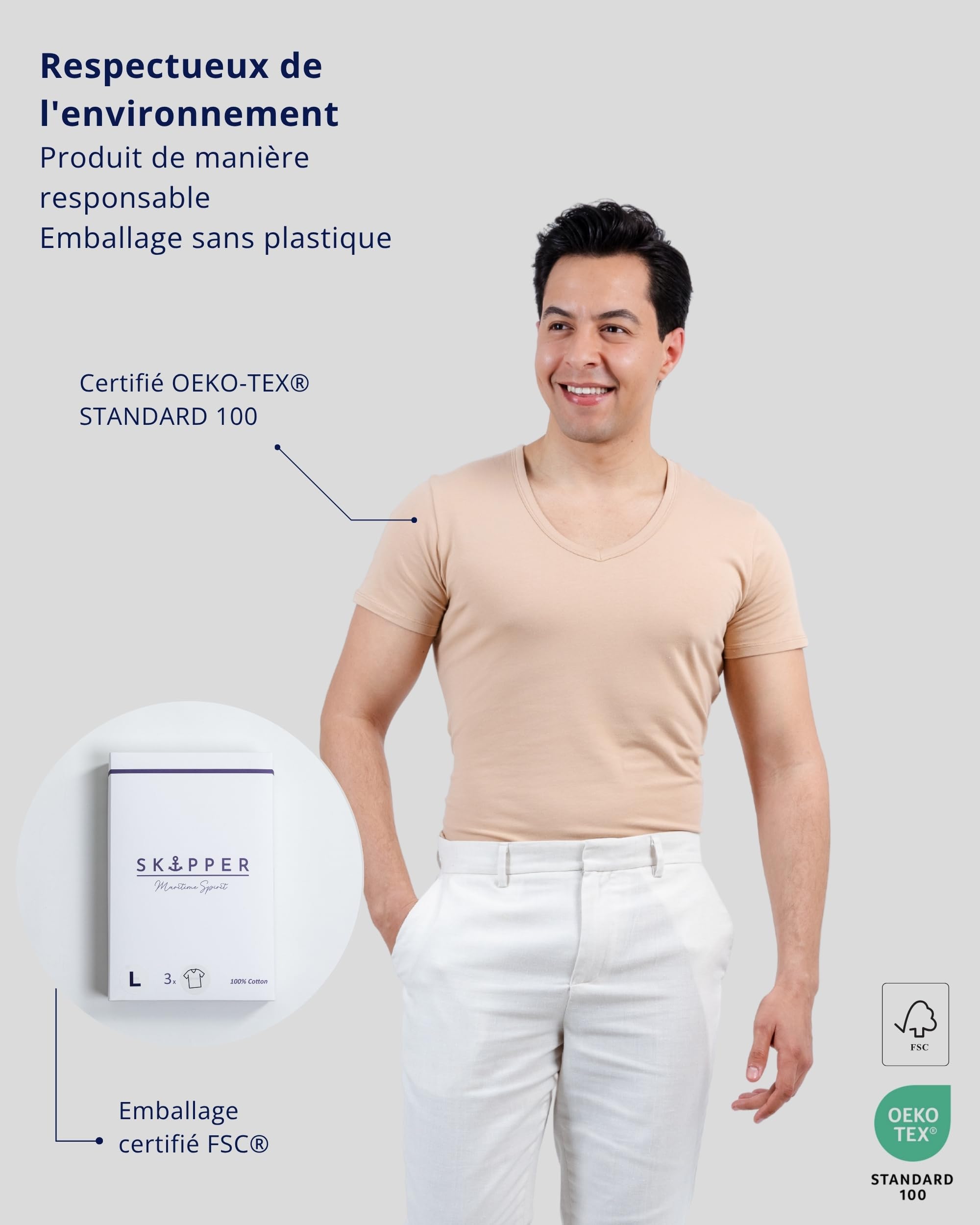SKIPPER Lot de 3 T-Shirts Homme Col V Profond – Coton Stretch Premium, Coupe Ajustée – Invisible sous Chemise – S–3XL
