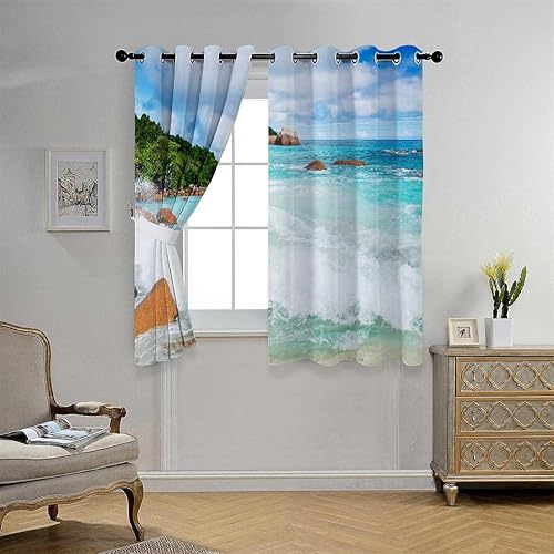 Miniatura 2 de Dorm Blackout Curtains Beach View Coastline Door Covers Decorative Cortinas para Ventanas De Cuarto 72Inch Width by 72Inch Length,2 Panels