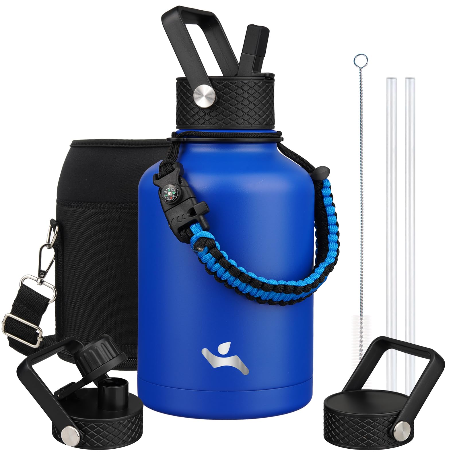Konokyo Insulated Water Bottle with Straw,50 oz 3 Lids Water Jug with Carrying Bag,Paracord Handle,Double Wall Vacuum Stainless Steel Metal Flask,Blue