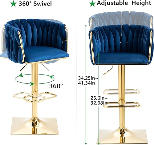 Miniatura 22 de SZLIZCCC Taburete de bar ajustable de terciopelo moderno, taburete de bar giratorio de 360 grados, taburete de isla de cocina curvado con respaldo