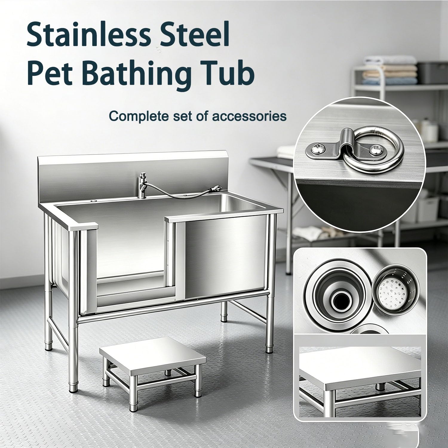 Estación de baño para Perros Lavar Independientes desagüe Bañera de Acero Inoxidable para Mascota Bañera Peluquería Canina Fregaderos con Ducha Pet Bath Tub Dog Grooming，100 * 60 * 40 m