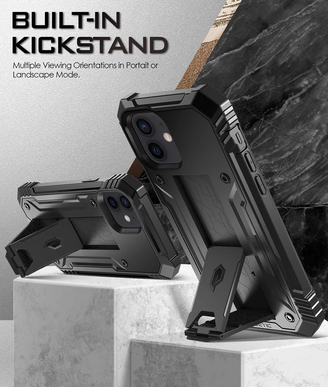Poetic Revolution for iPhone 12 / iPhone 12 Pro Case 6.1 inch (2020 Release), Full-Body Rugged Dual-Layer Shockproof Protective Cover with Kickstand and Built-in-Screen Protector, Black