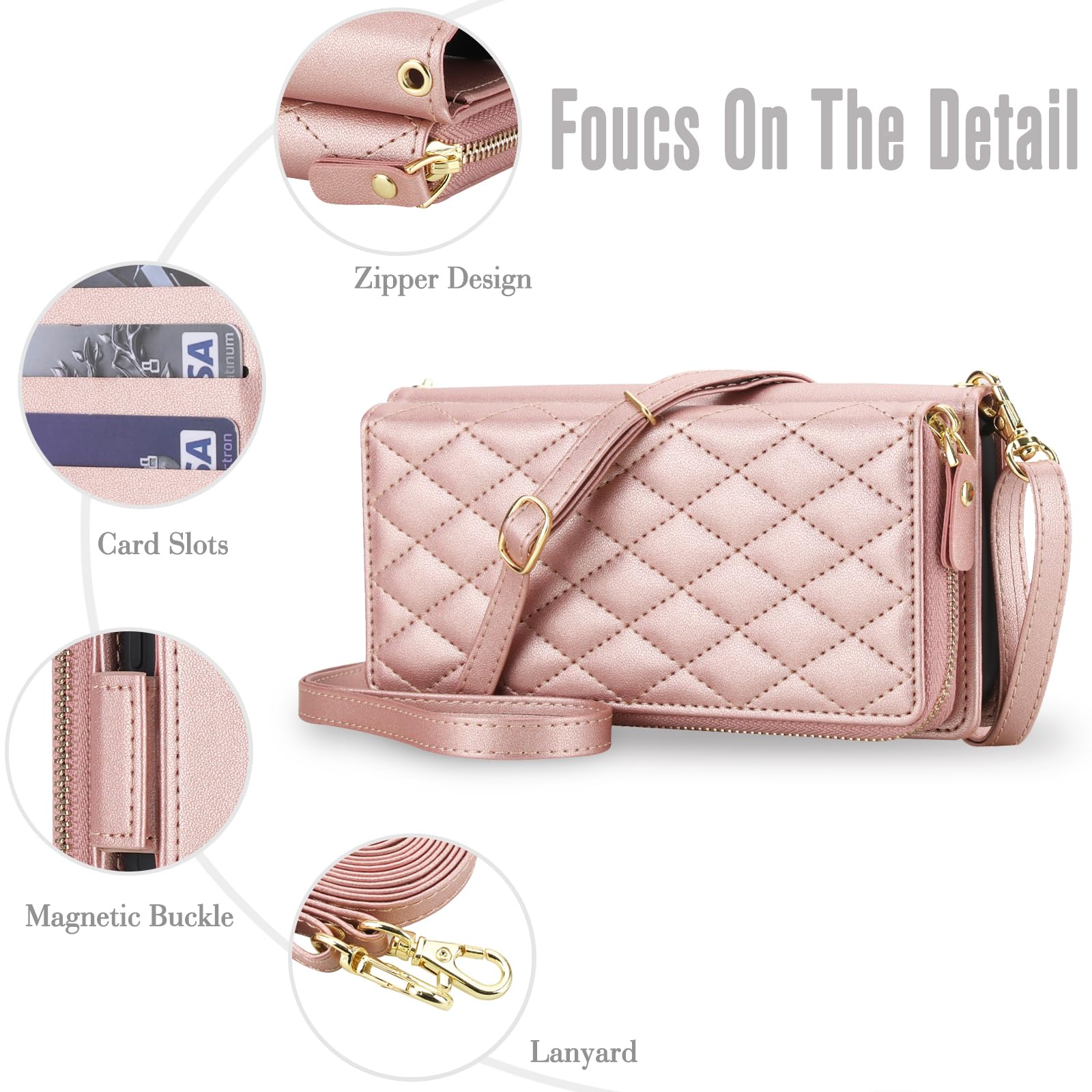 Étui portefeuille compatible avec Samsung Galaxy S24 Ultra 5G - Fermeture éclair - Protection d'écran - Bandoulière à rabat - Porte-cartes - S24Ultra 24S S 24 24Ultra - Pour homme et femme - Or rose