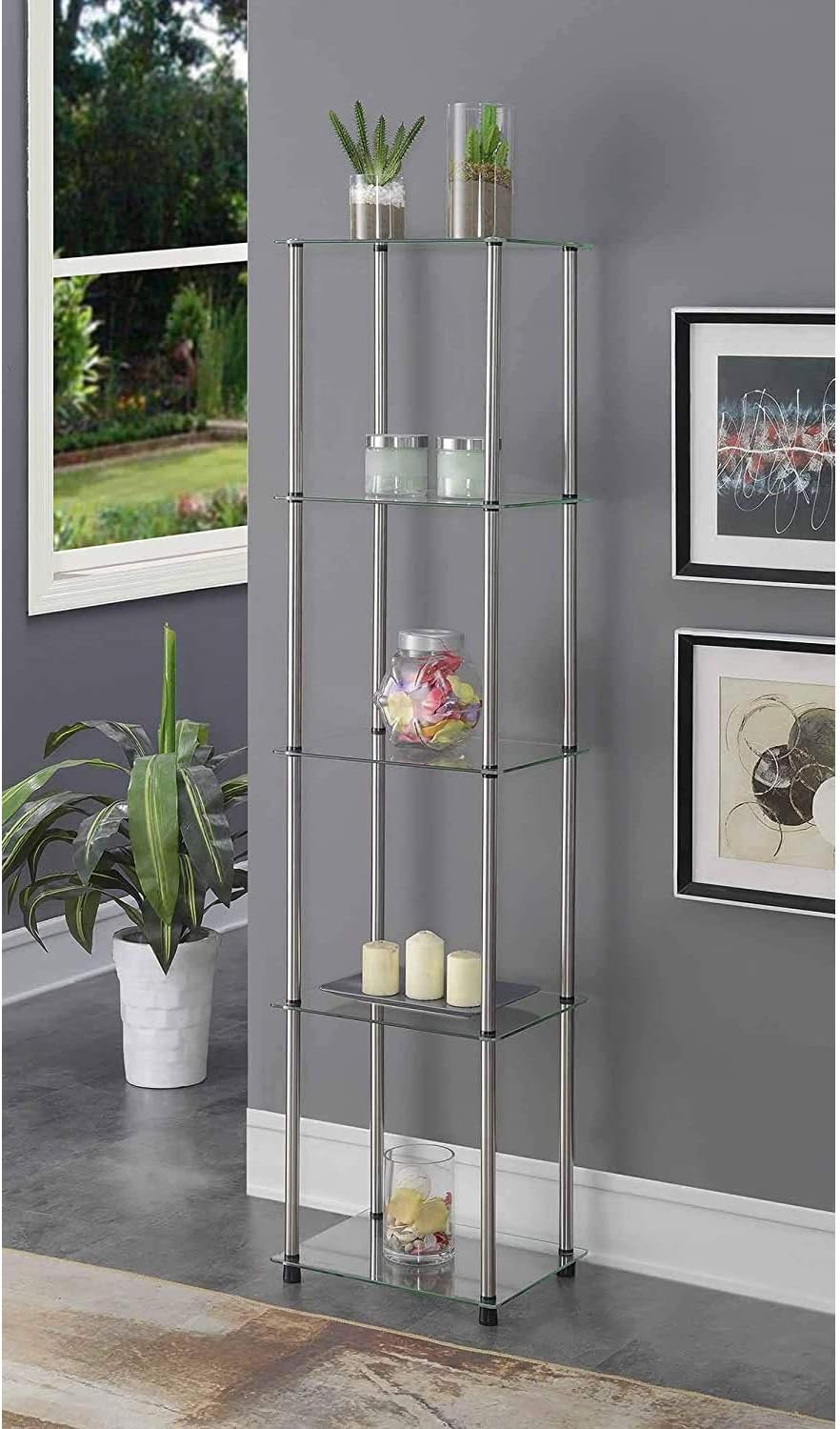 Convenience Concepts Designs2Go Classic Glass 5 Tier Tower 15.75" - Modern Media Storage Bookshelf for Living Room, Display Bookcase for Family Room, Bedroom, Bathroom, Office, Glass/Chrome