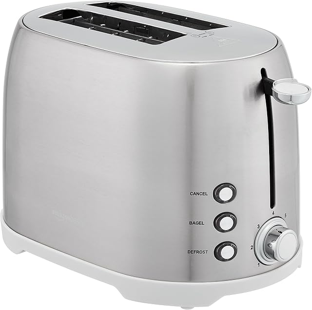 Amazon Basics 2 Slice Toaster, Stainless Steel, With 7 Browning Settings, Extra Wide Slots For Bagels and Special Breads, Removable Easy-to-Clean Crumb Tray, Cancel Button, 800W, Brushed Silver