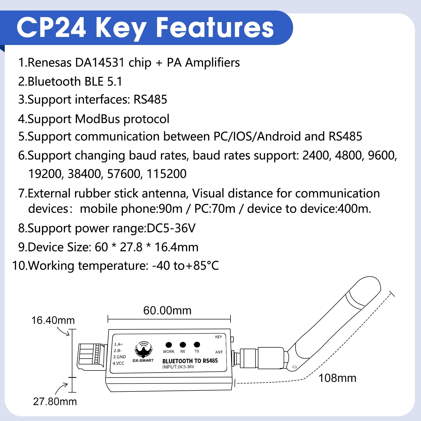 DX-CP24 RS485 auf Bluetooth Serieller Adapter Industrielles drahtloses Bluetooth-Kommunikationsmodul zu Konverter, ändern Sie kabelgebundenes Gerät auf drahtlos, unterstützt Modbus-Protokoll, DC 5-36V