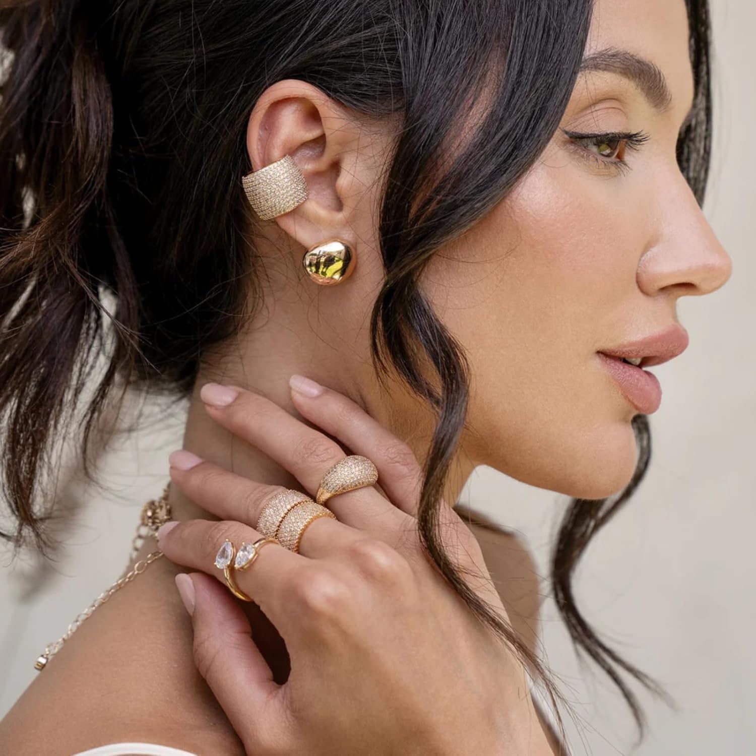 Ettika Thick Crystal Cluster Band, Gold Ring. 18k Gold Plated Rings for Women. Jewelry, Chunky Statement Bands. Size 6