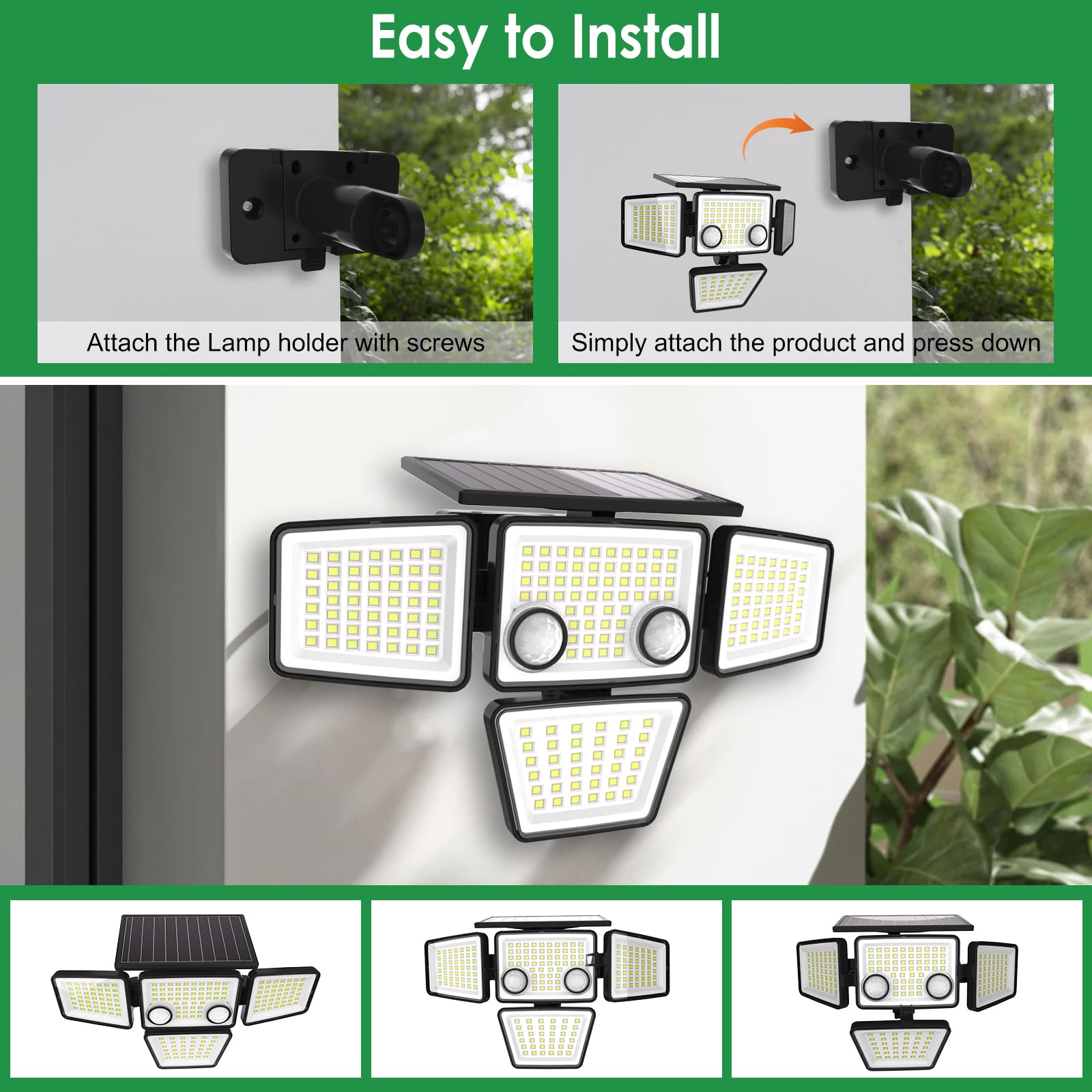 Zewnętrzna lampa solarna 1200 lm, 188 diod LED z czujnikiem ruchu, wodoodporna lampa punktowa LED kąt świecenia 270°, 3 tryby IP65 na werandę, patio, ogród, ścieżka, garaż
