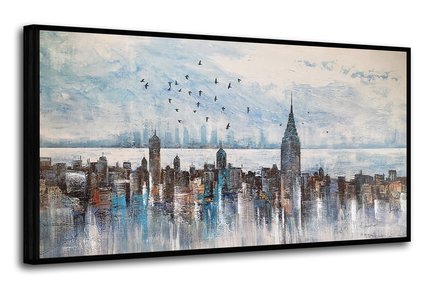 Arjun Cityscape Wall Art New York City Buildings Picture Modern Abstract Grey Skyline Birds NYC Painting Artwork for Bedroom Living Room Bathroom Home Office Decor, Large Size Black Framed 40"x20"