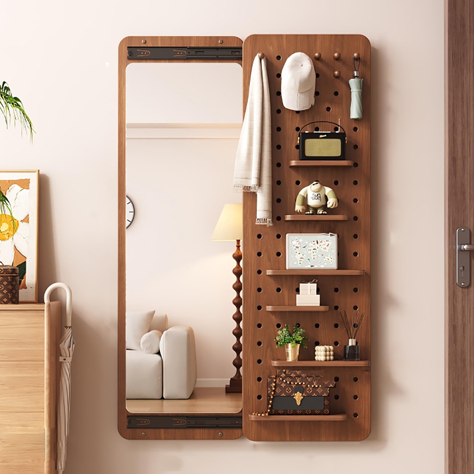 Espejo de longitud completa premium y tablero de clavijas organizador en material natural