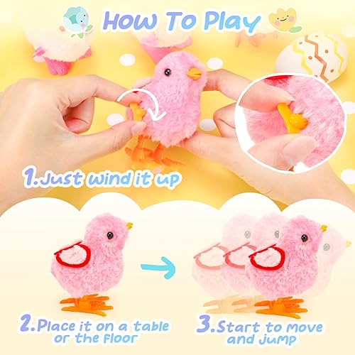 Miniatura 5 de SevenQ Juguetes de cuerda para niños para cestas de Pascua, 9 juguetes de conejito saltador y pollitos de peluche que saltan pequeños juguetes para