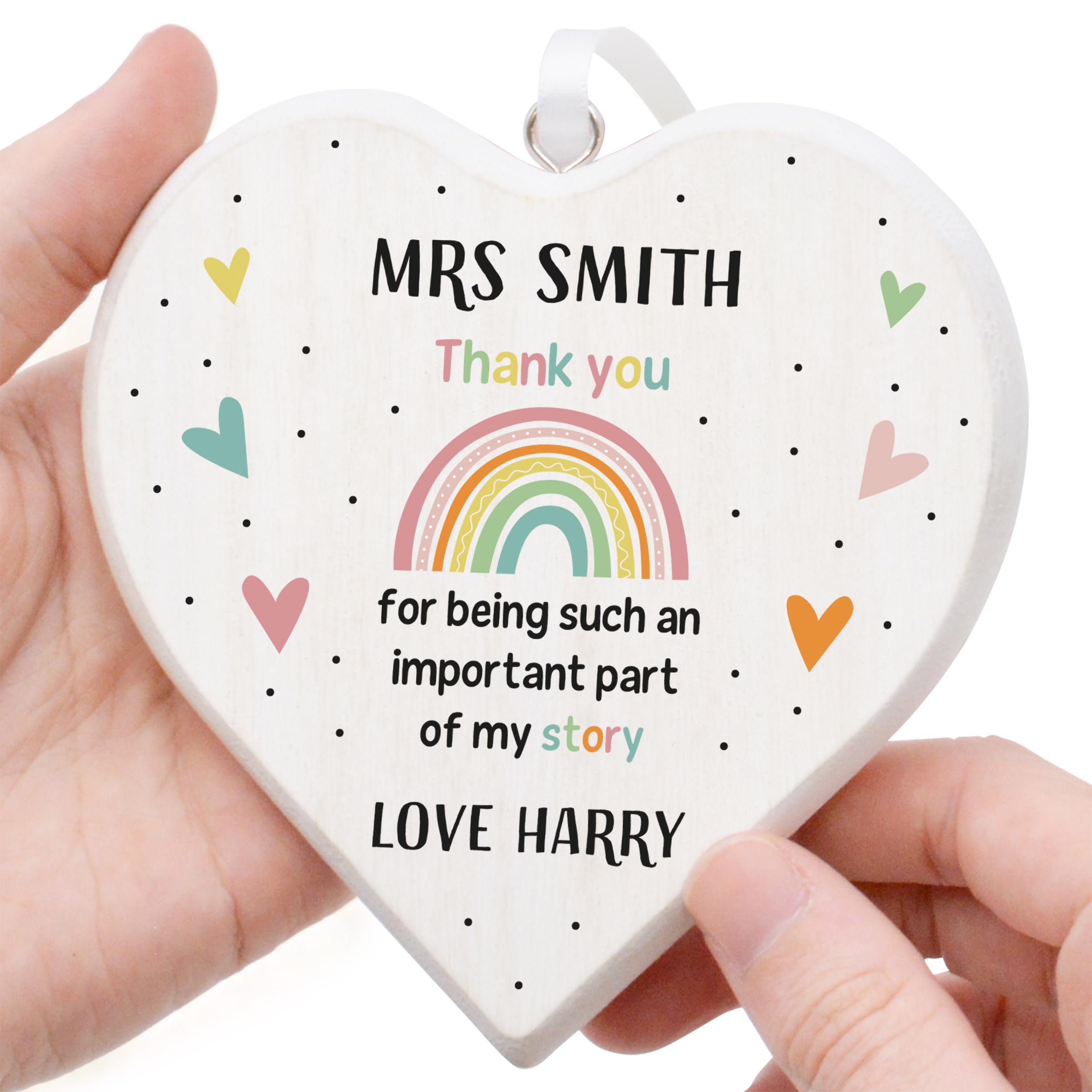 Beecreative Personalised Thank You Teacher Gifts - Rustic White Wooden Heart - Custom Nursery Worker Thankyou Present For End Of Year
