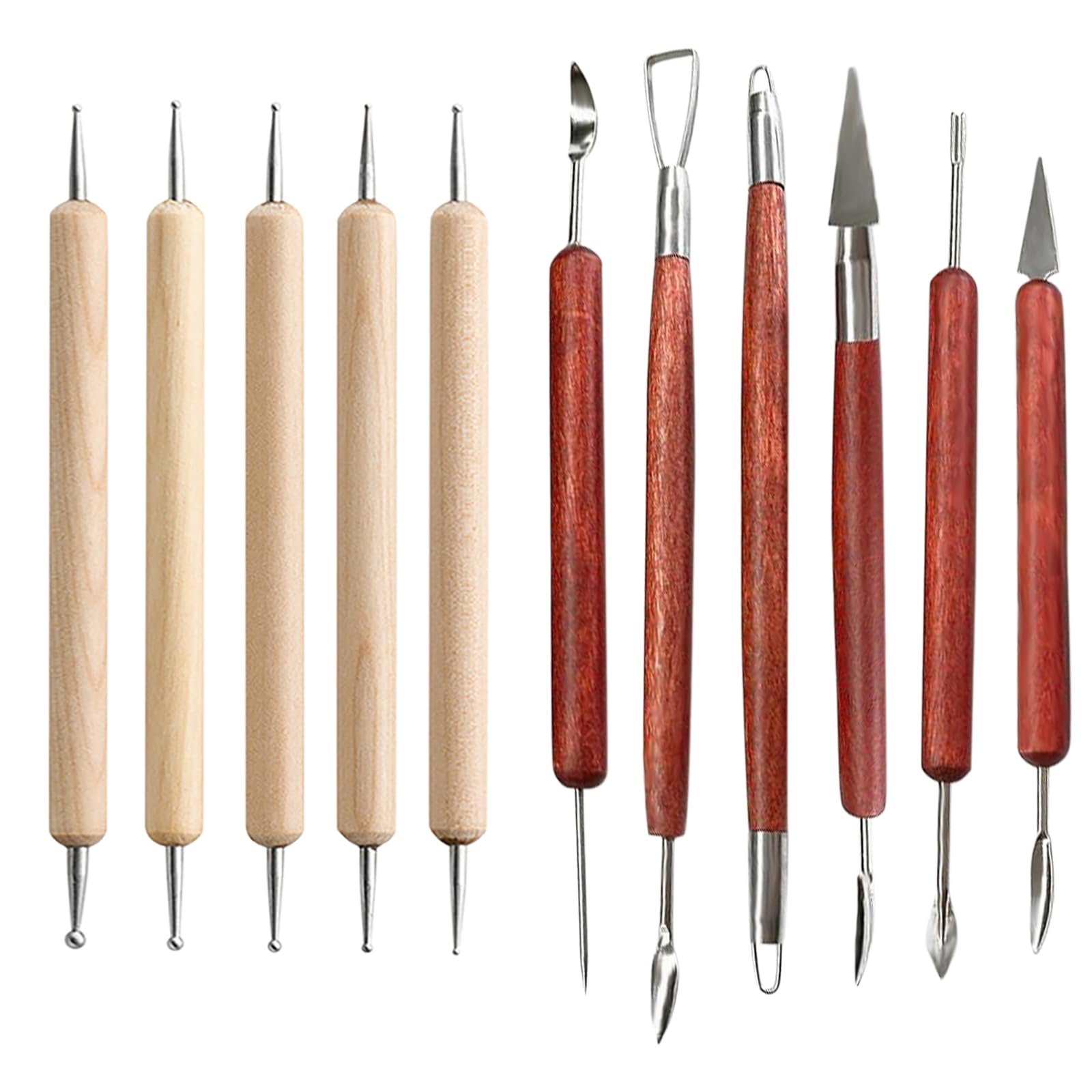 Pottery Polymer Clay Tools, 11 Pcs Modelling Clay Sculpting Tools, 6pcs Stainless Steel Clay Sculpting Tools with 5pcs Wooden Handle Ball Stylus Dotting Tools for Engraving, Embossing, Shaping