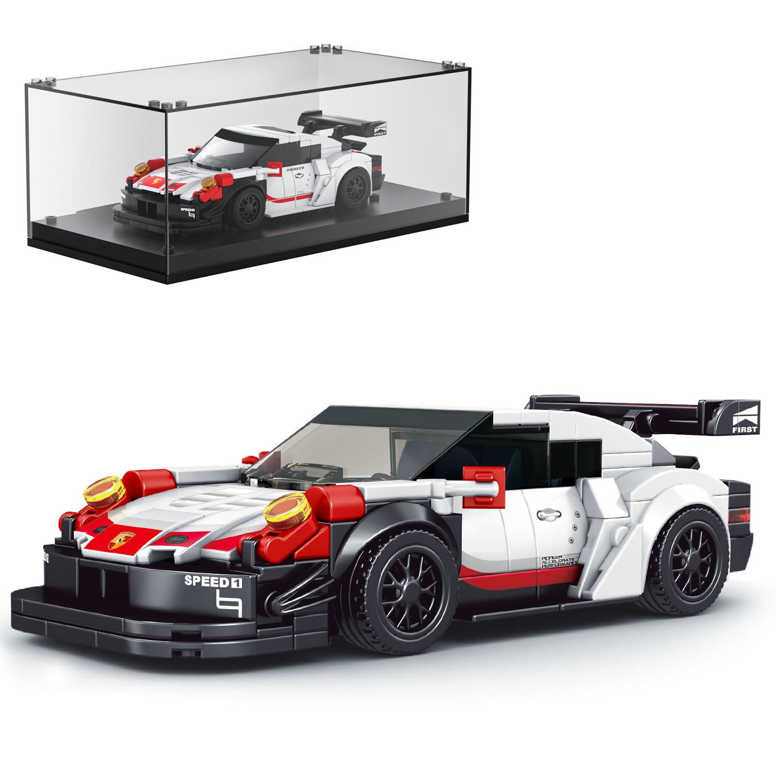 Mould King Speed Racing Champions 911 Carrera RSR Super Car Building Kit with Acrylic Display Case,27010 Collectible Model Car Kits, Building Blocks Kit Racing Toy Cars for Adult Kids 8+(349 PCS)