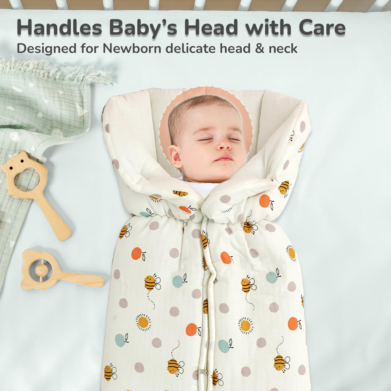R for Rabbit Snuggy Bliss Baby Sleeping Bag Bedding Set | Premium 100% Muslin Cotton Carrying Nest for New Born Babies & Infant | Travel Friendly for 0-6 Months Baby Girl and Boy (Honey White) - Image 6 thumbnail