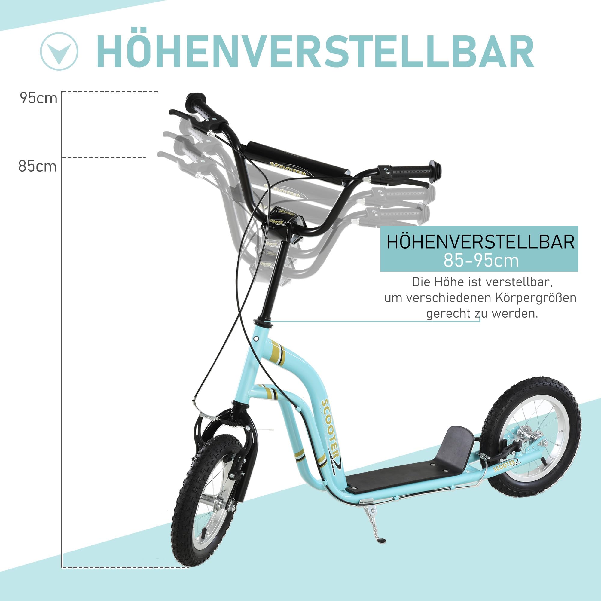 HOMCOM Kinderroller Höhenverstellbar mit 12 Zoll Luftreifen | Verstellbarer Lenker, Große Räder, Kickscooter Cityroller, für Jungen Mädchen ab 5 Jahre, bis 100 kg, Metall