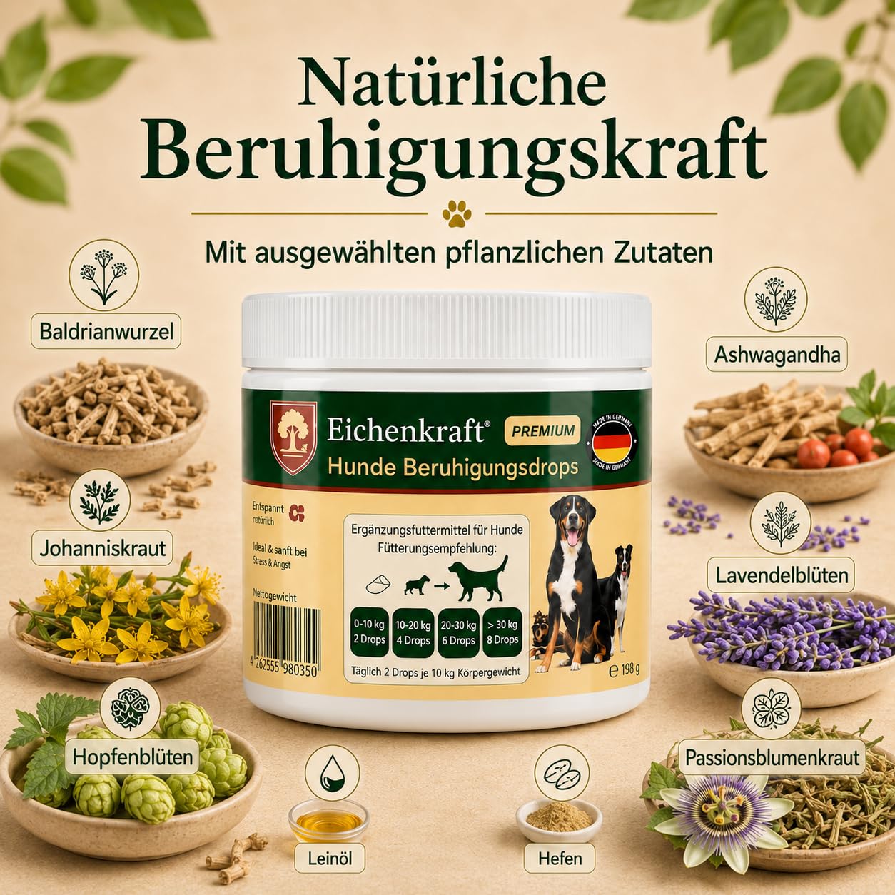 Hunde Beruhigungs Drops 270g | Kausnacks Hund für Beruhigung & Entspannungs- Anti-Stress-Mittel mit Baldrian, Ashwagandha, Johanneskraut, Hund beruhigen, Silvester, Autofahrt, Stress, Leckerli