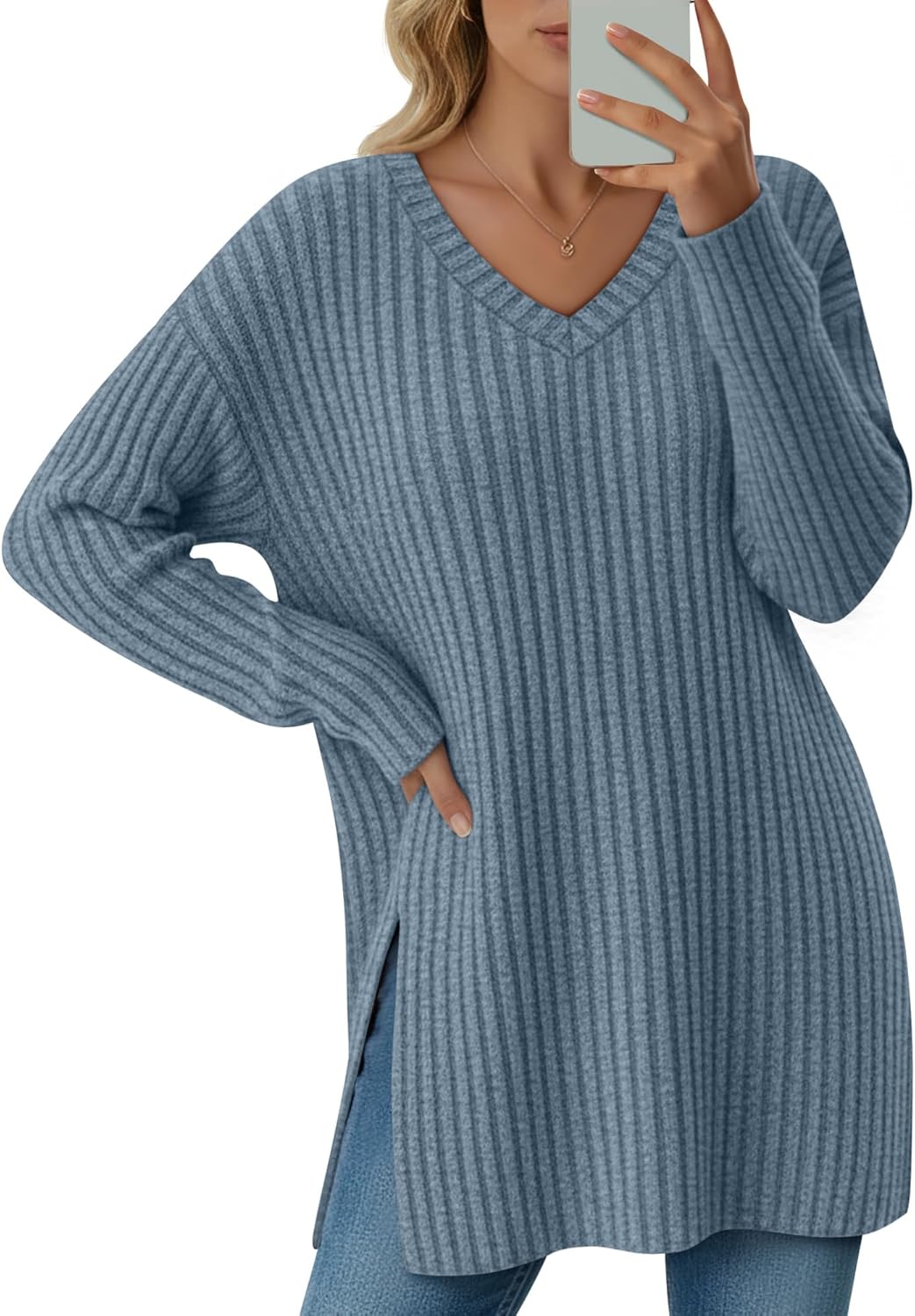 Velvelhall Women's Long Sleeve Sweater, V Neck Oversized Side Split Casual Top Loose Fit Lightweight Knit Pullover Sweaters