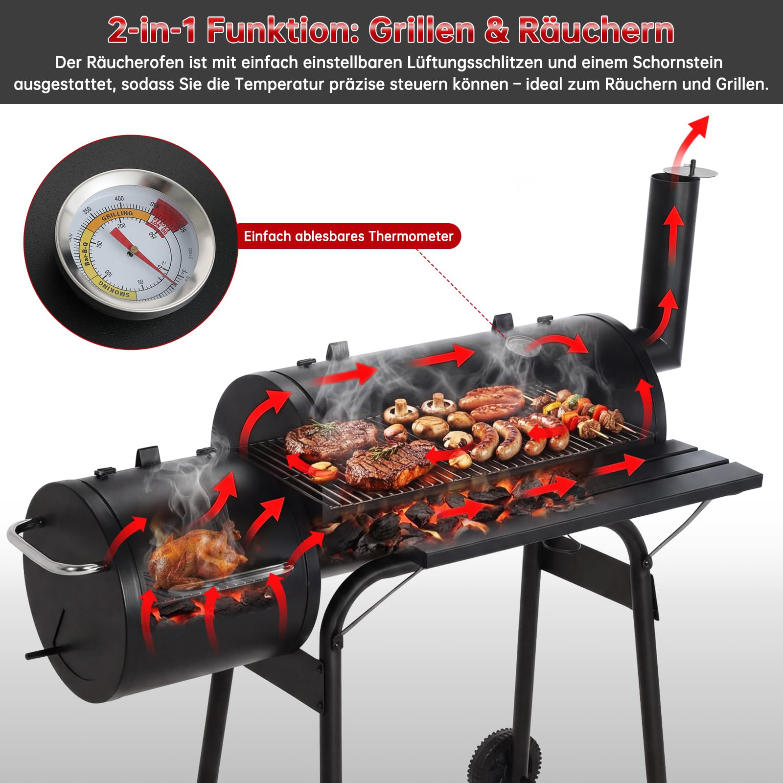 TLSUNNY Holzkohle Smoker Grill mit Schornstein, Holzkohlegrill Grillwagen mit 2 Kammern, Thermometer, Grillablage, 2 Rädern, Räucherofen und Grillfunktion, Smoker Räucherofen für Grillpartys