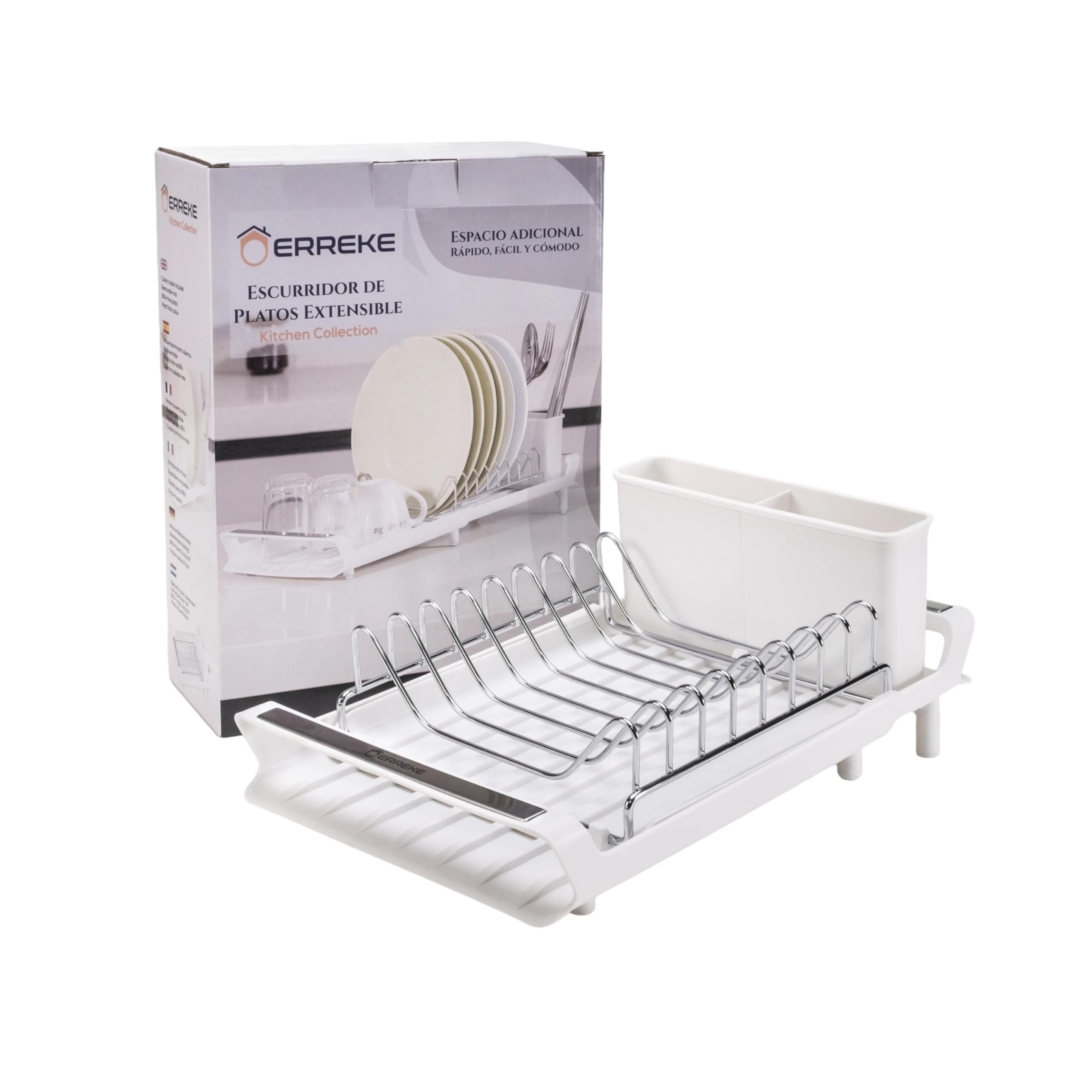 Égouttoir à Vaisselle Pliable Erreke INOX - Blanc Avec Bec Verseur Pour Évier