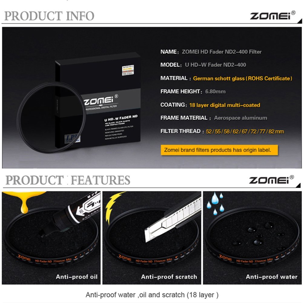 Zomei 67 mm HD Ultra Slim 18-warstwowy super wielowarstwowy ND2-ND400 Fader zmienna neutralna gęstość filtr obiektywu regulowany filtr ND niemiecki Schott szkło optyczne