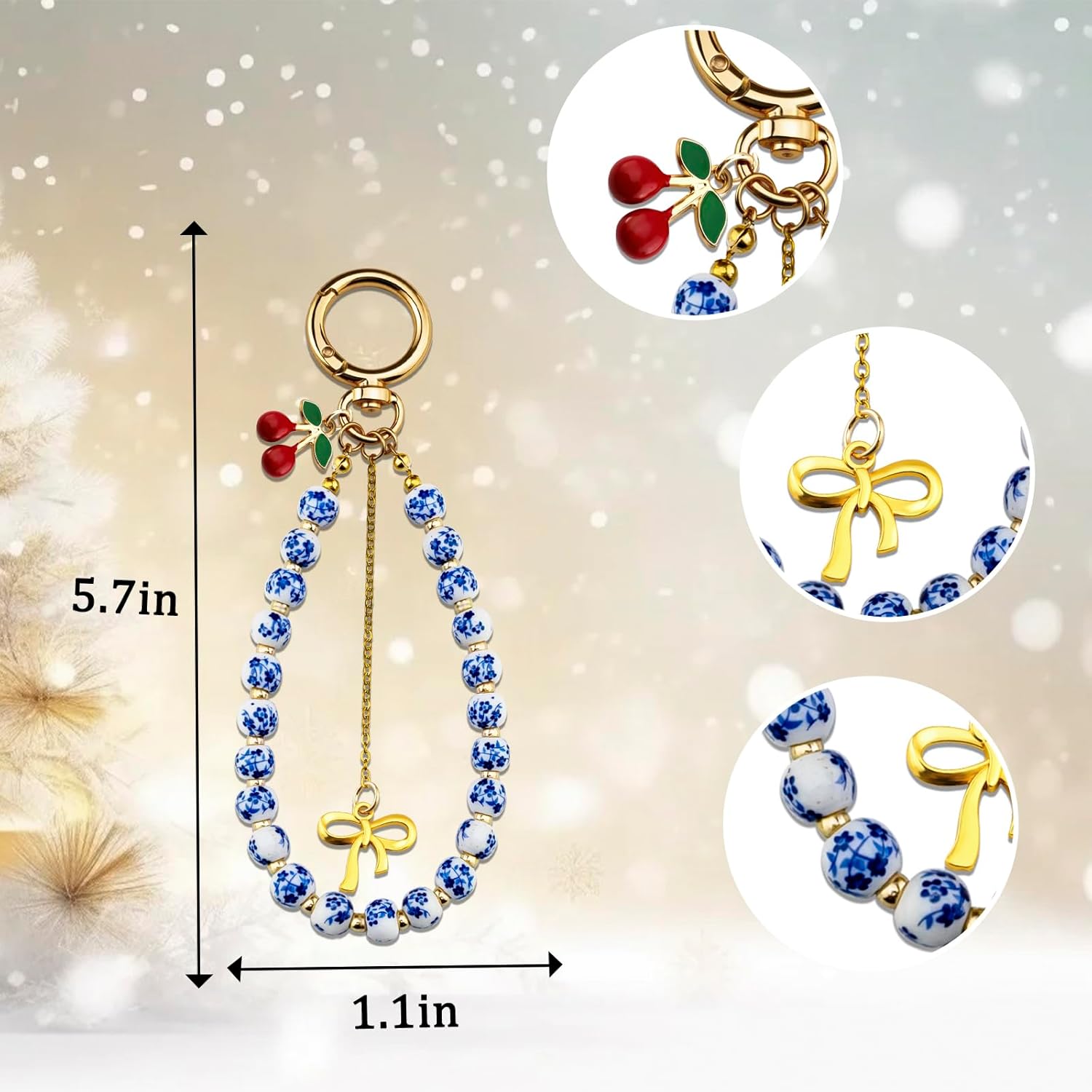 Cherry Keychain Ideas Vintage Beaded Keychain Wristlet for Women Cute Key Ring Bracelet Cherry Bag Charm for Tote Bags Bow Purse Car Key Accessories Charms - Image 7