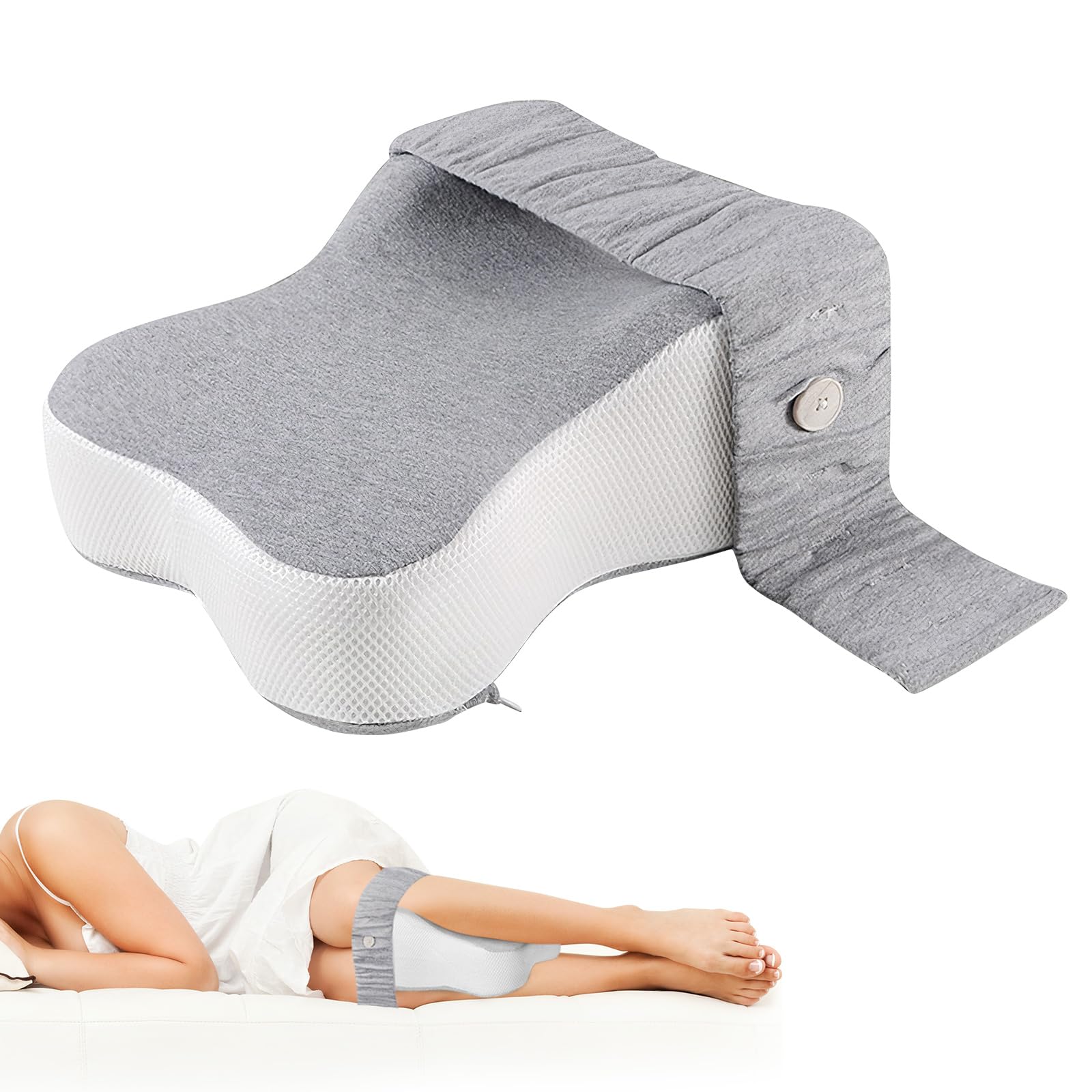 Sinmaklin Women's Grey Knee Pillow For Side Sleepers, Orthopaedic Memory Foam Leg Pillow With Strap - Pain Relief For Lower Back, Hip & Knee, Washable Cover For Sleeping/Sitting