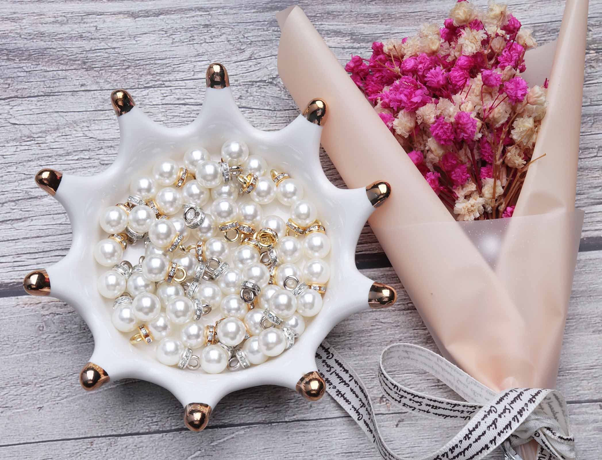 Ruwado Faux Pearl Beads with Rhinestone 25 Pcs Gold 25 Pcs Silver with Hole Vintage 8 mm Elegant Imitation Peal Pendant Charms for Dangle Earrings Necklace Bracelet DIY Jewelry Making Accessories - Image 6