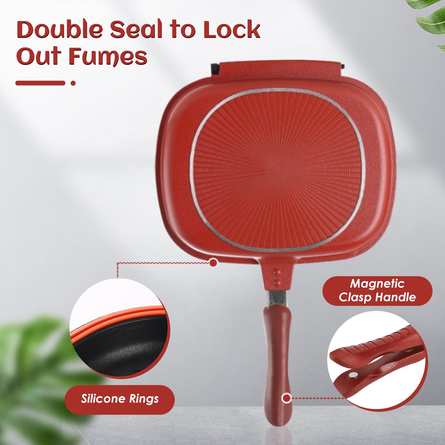 Sartén de Doble Cara, Sartén Antiadherente de Aleación de Aluminio Cuadrada Roja para Utensilios de Cocina a la Parrilla, Suministros de Cocina, 11 x 9.5 Pulgadas