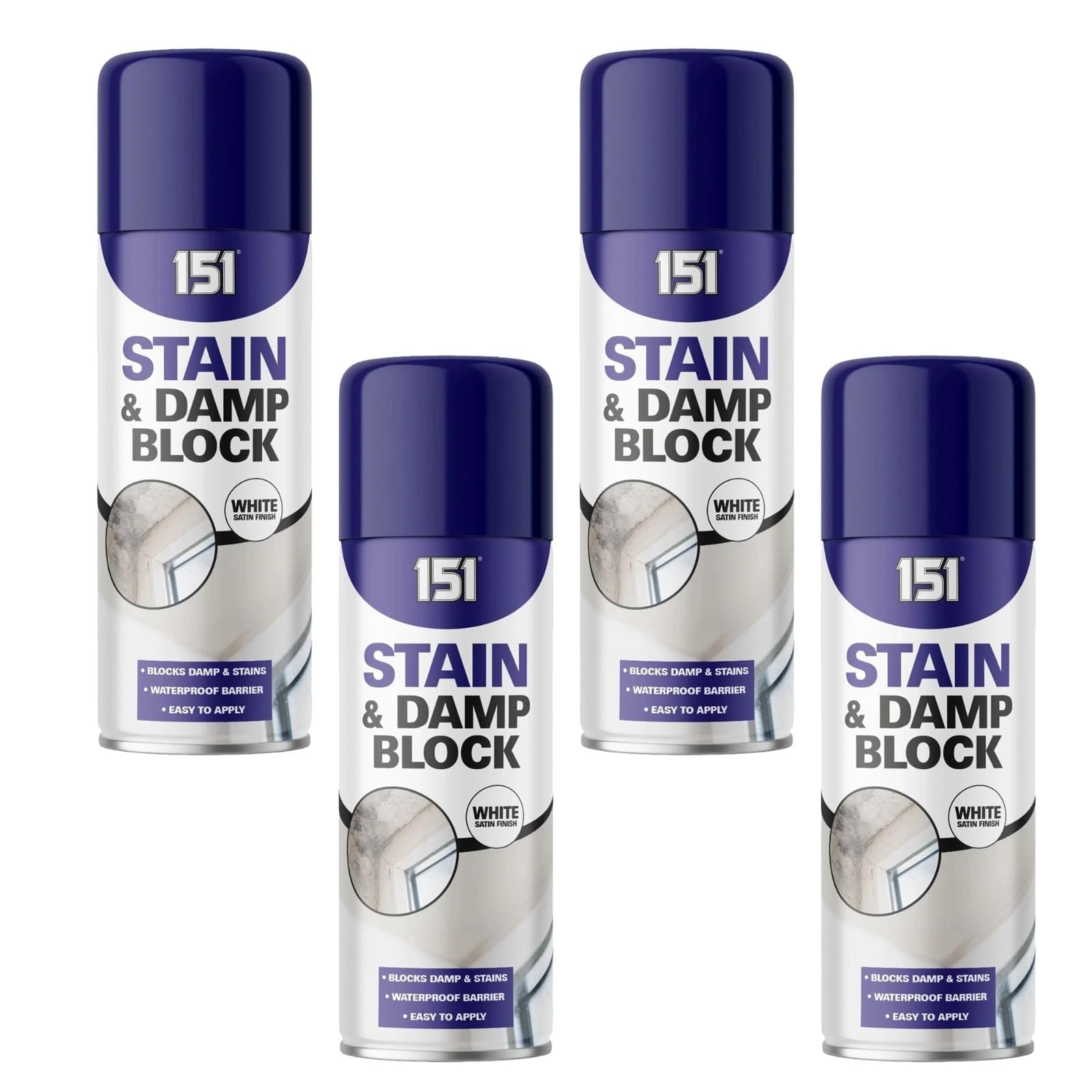 RIZZIIZ Stain & Damp Block aerosol Spray, white satin finish, waterproof barrier, dual action, primer and a sealer, designed for interior use to block stubborn stains and damp patches, 400ml (4PCS)