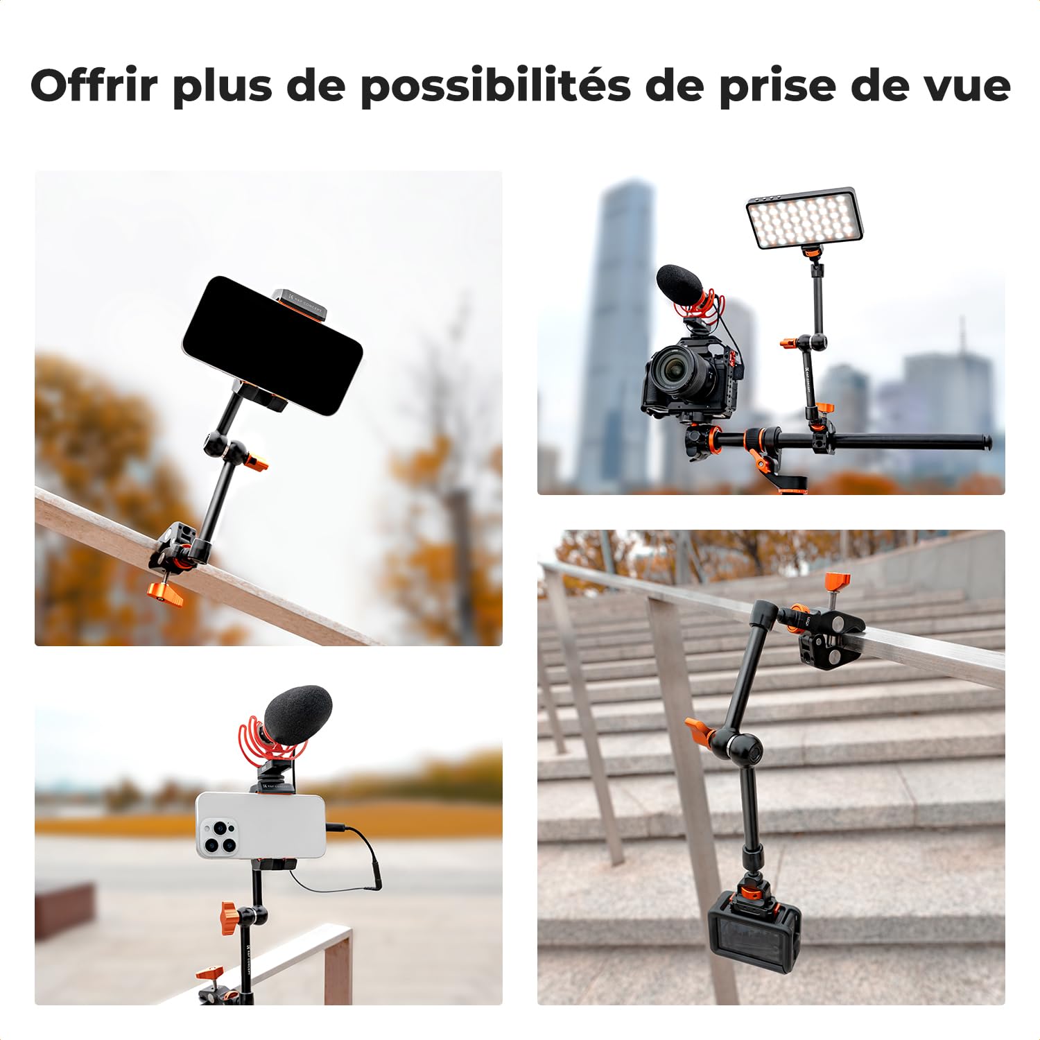 K&F CONCEPT Bras Magique 11 Pouce avec Pince Super Clamp et Vis 1/4'' 3/8'', Support Articulé Réglable pour Moniteur, Appareil Photo, Lumière LED, Microphone, Trépied Vidéo