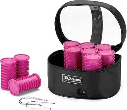 TRESemmé 32mm Heated Hair Rollers – Set of 10 Large Hot Rollers for Volume & Curls, Dual Voltage Travel Set with Carry Case, Fast Heat Up to 125°C, Pink/Black, 3039U