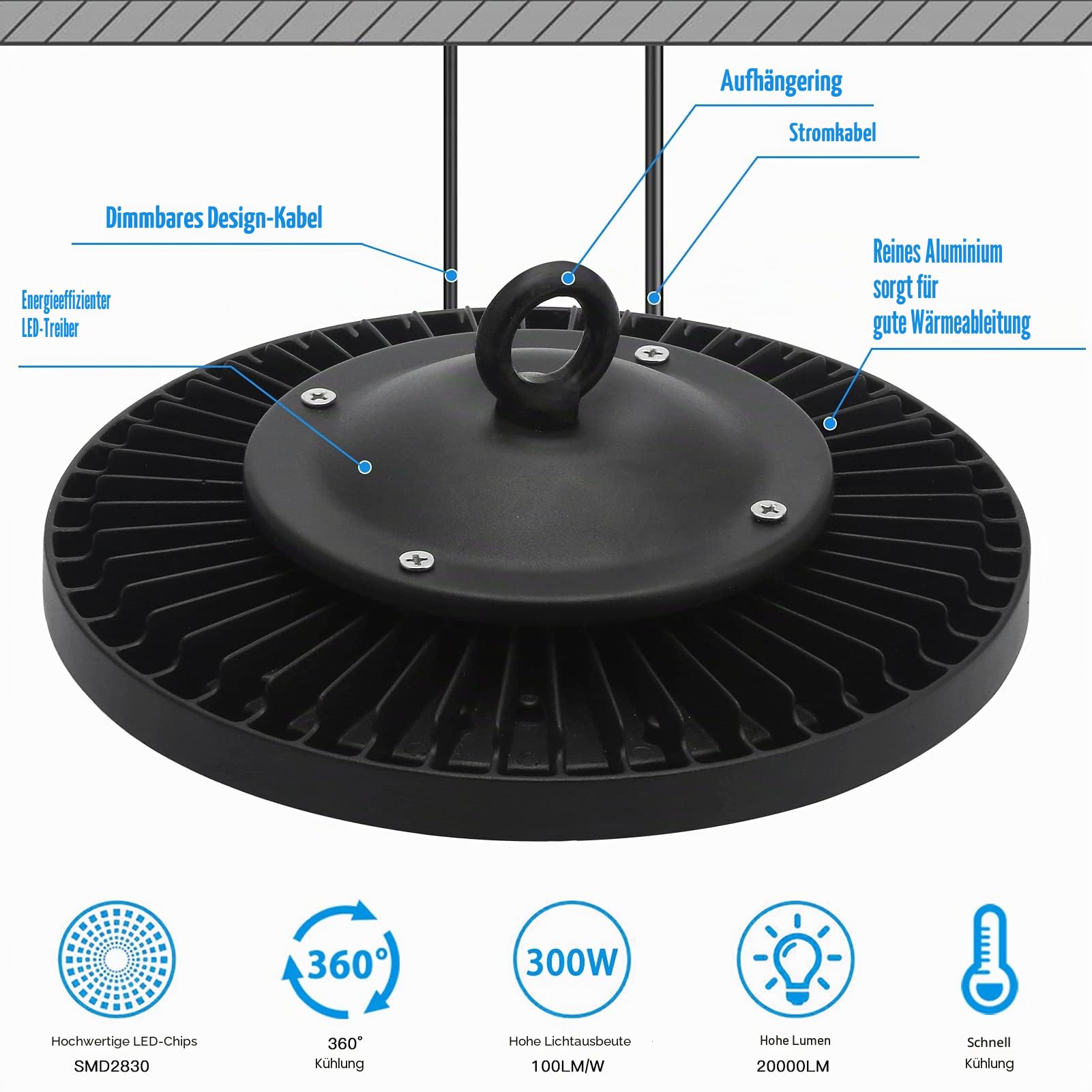 300W UFO LED Werkstattlampe, 30000LM Hallenstrahler 6000K Kaltweiß | IP65 Wasserdicht, 120° Strahl, 288 LEDs Superhell Industrielampe für Fabriken Garage Lagerhaus