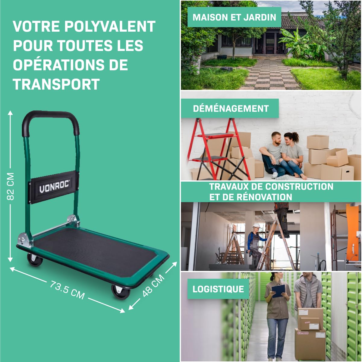 VONROC Chariot Plateforme Pliable 150 kg – Plateau Antidérapant 47 x 73 cm – 2 Roues Pivotantes 360° – Poignées Softgrip – Chariot de Transport pour Atelier, Déménagement et Usage Professionnel