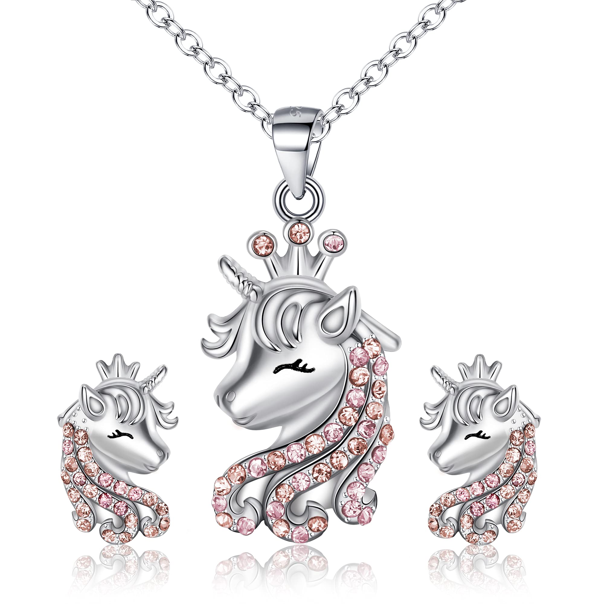 EVER FAITH Unicorn Einhorn Schmuckset für Mädchen 925 Sterling Silber Cubic Zirconia Halskette und Ohrringe Set Geschenk für Tochter Enkelin