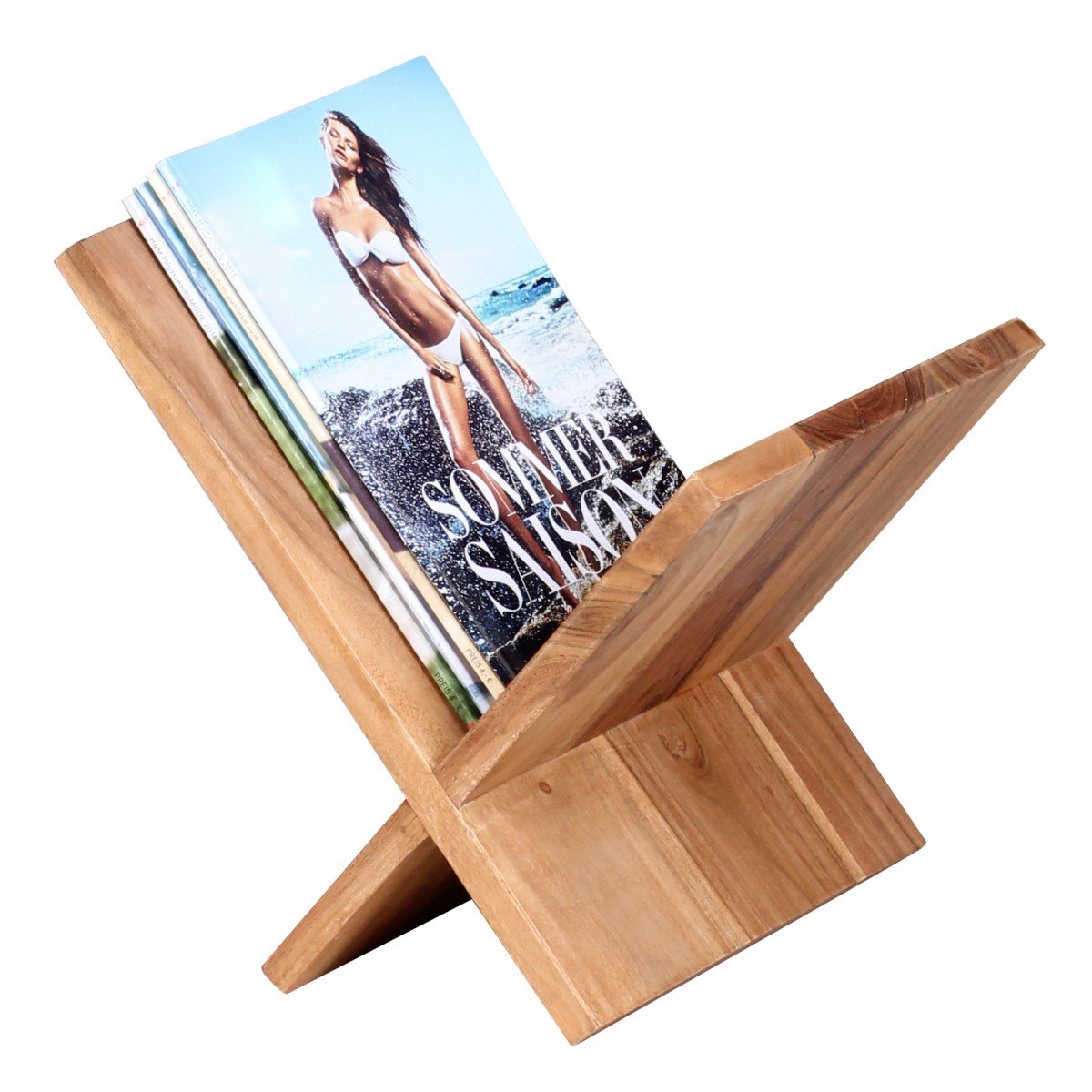 WOHNLING Zeitungsständer Feuillus Acacia X-Form 31 cm Magazines Design de Stands Brochure Style campagnard Holder