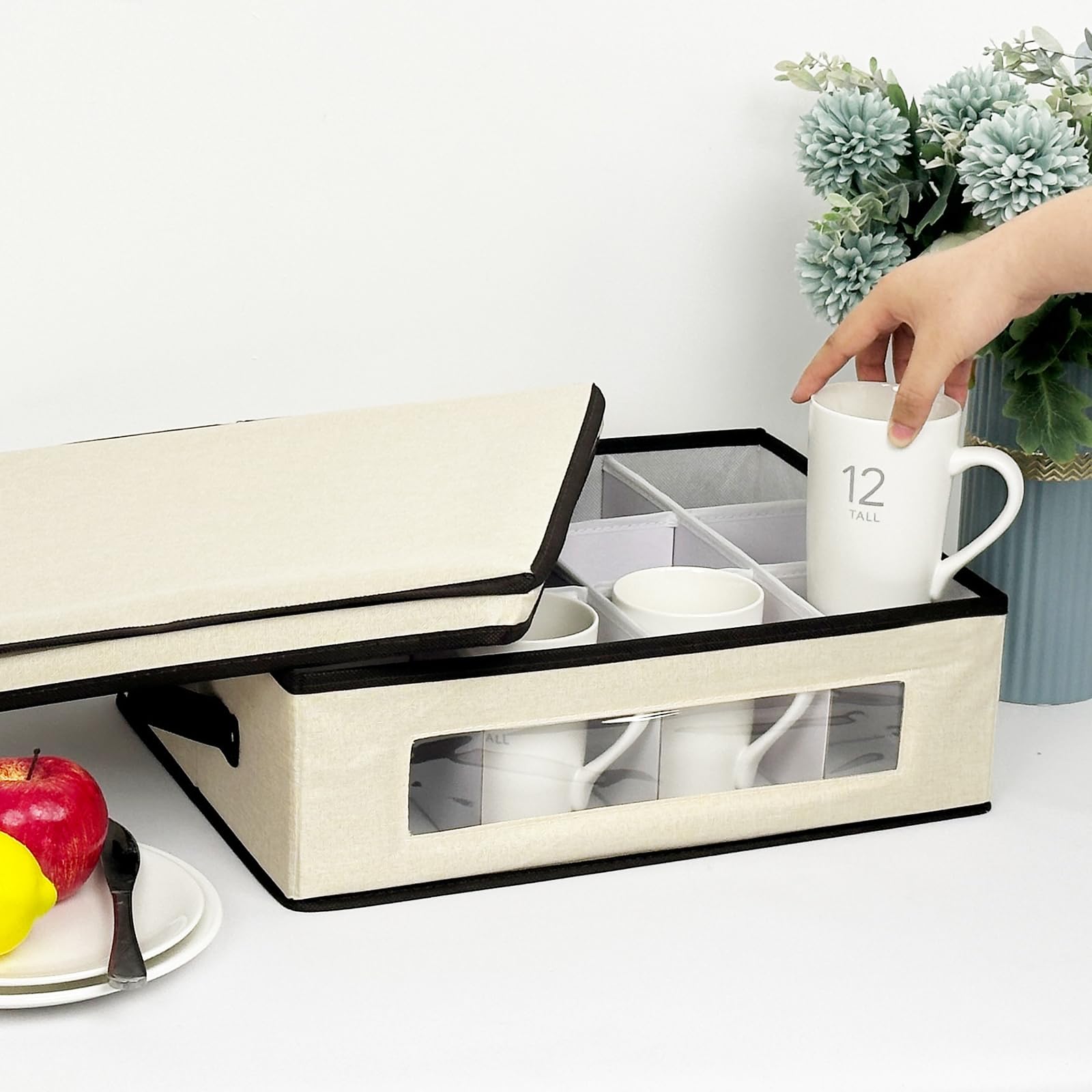 homyfort Lot de 2 boîtes de rangement pour tasses avec séparateurs, boîtes de rangement pour tasses en porcelaine à coque rigide avec compartiments pour 24 tasses à thé et tasses à café (beige)