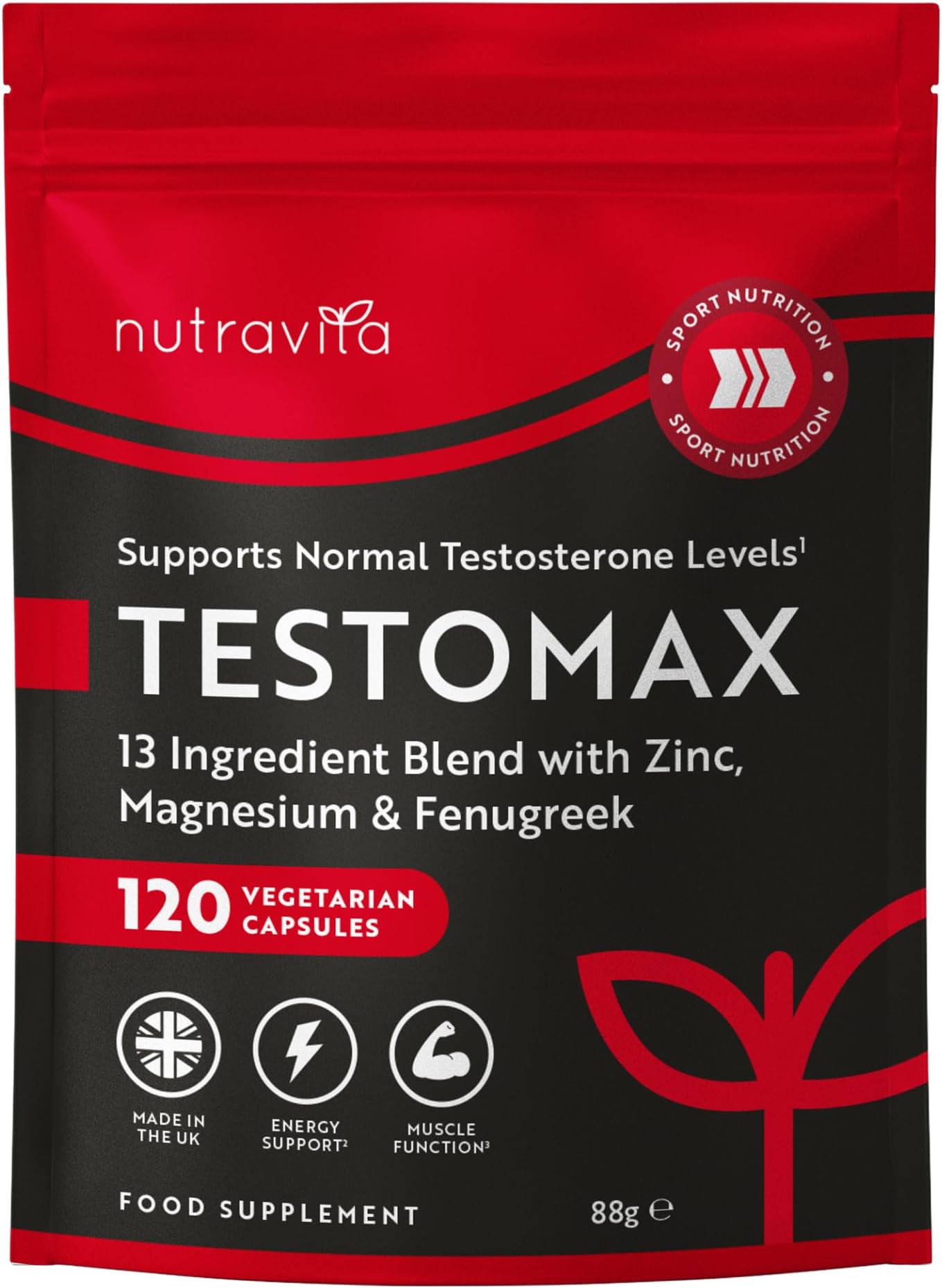 TESTOMAX Testosterone Booster for Men - 13 Powerful Active Ingredients & Vitamins Including Zinc, Maca Root Extract, Fenugreek, Ginseng - Made in The UK