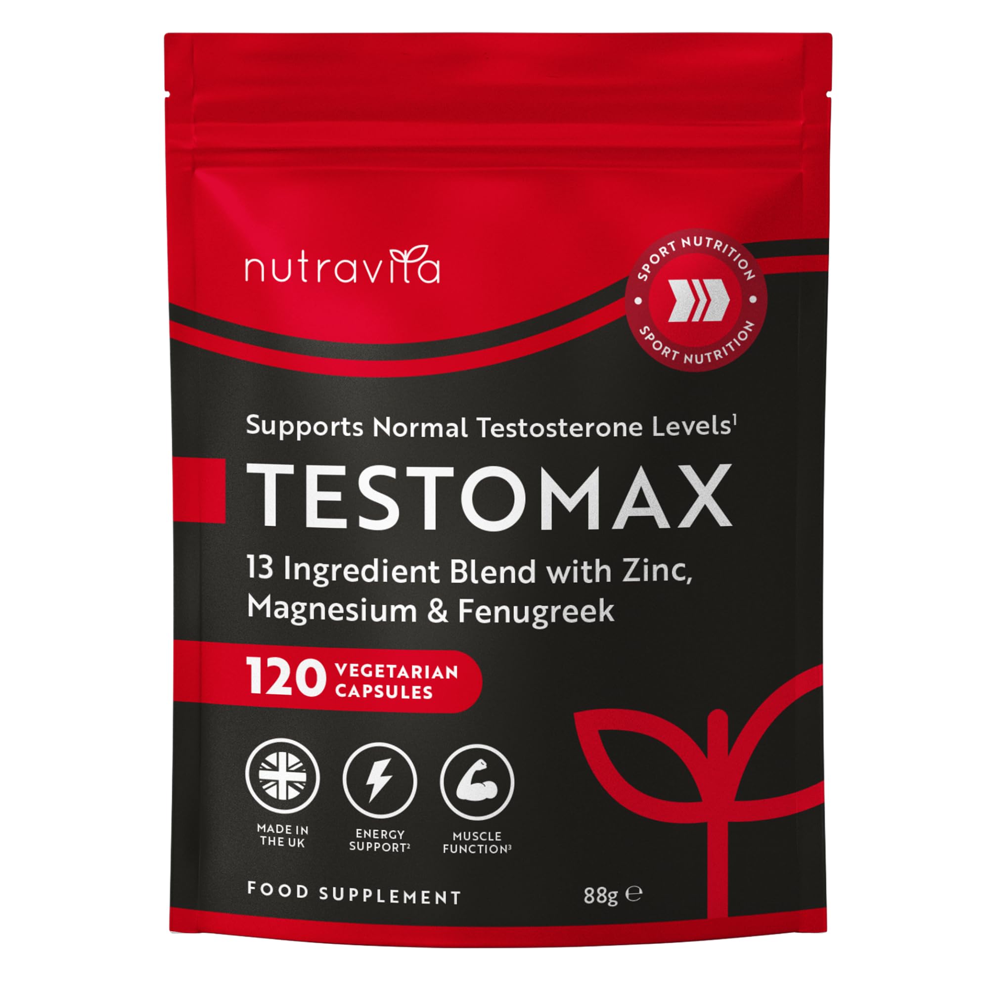 Nutravita TESTOMAX Testosterone Booster for Men - 13 Powerful Active Ingredients & Vitamins Including Zinc, Maca Root Extract, Fenugreek, Ginseng - Made in The UK