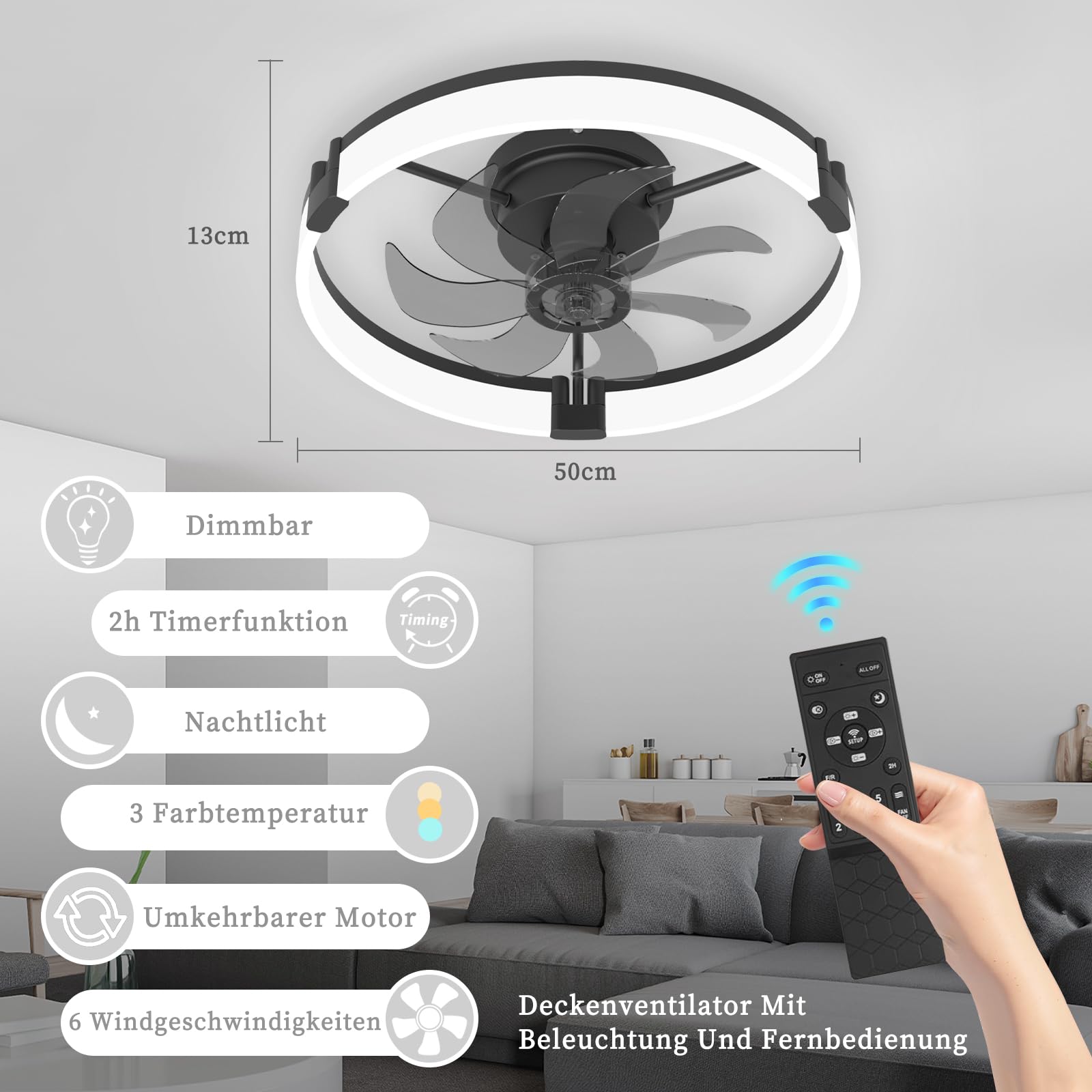 Deckenventilator Mit Beleuchtung,50cm lampe mit ventilator Und Fernbedienung,50W,4000Lm LED Dimmbare deckenleuchte mit ventilator,DC,Timer, Deckenlampe Mit Ventilator Für Schlafzimmer Wohnzimmer