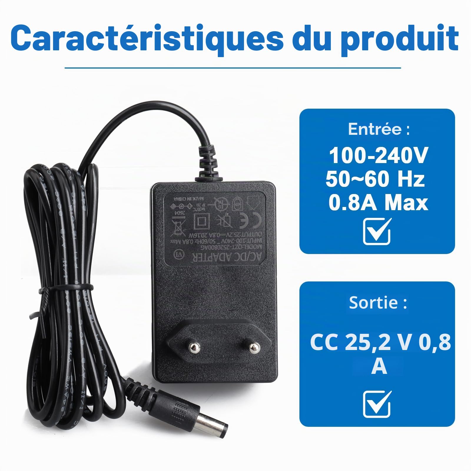 Adaptateur secteur 25,2 V 0,8 A pour Segway Ninebot eKickScooter Zing E8 E10 E12 C8 C10 C15 C20 C2 C2 Pro Trottinette électrique pour enfant Modèle NB-25D2-00D8-US Segway Chargeur de trottinette