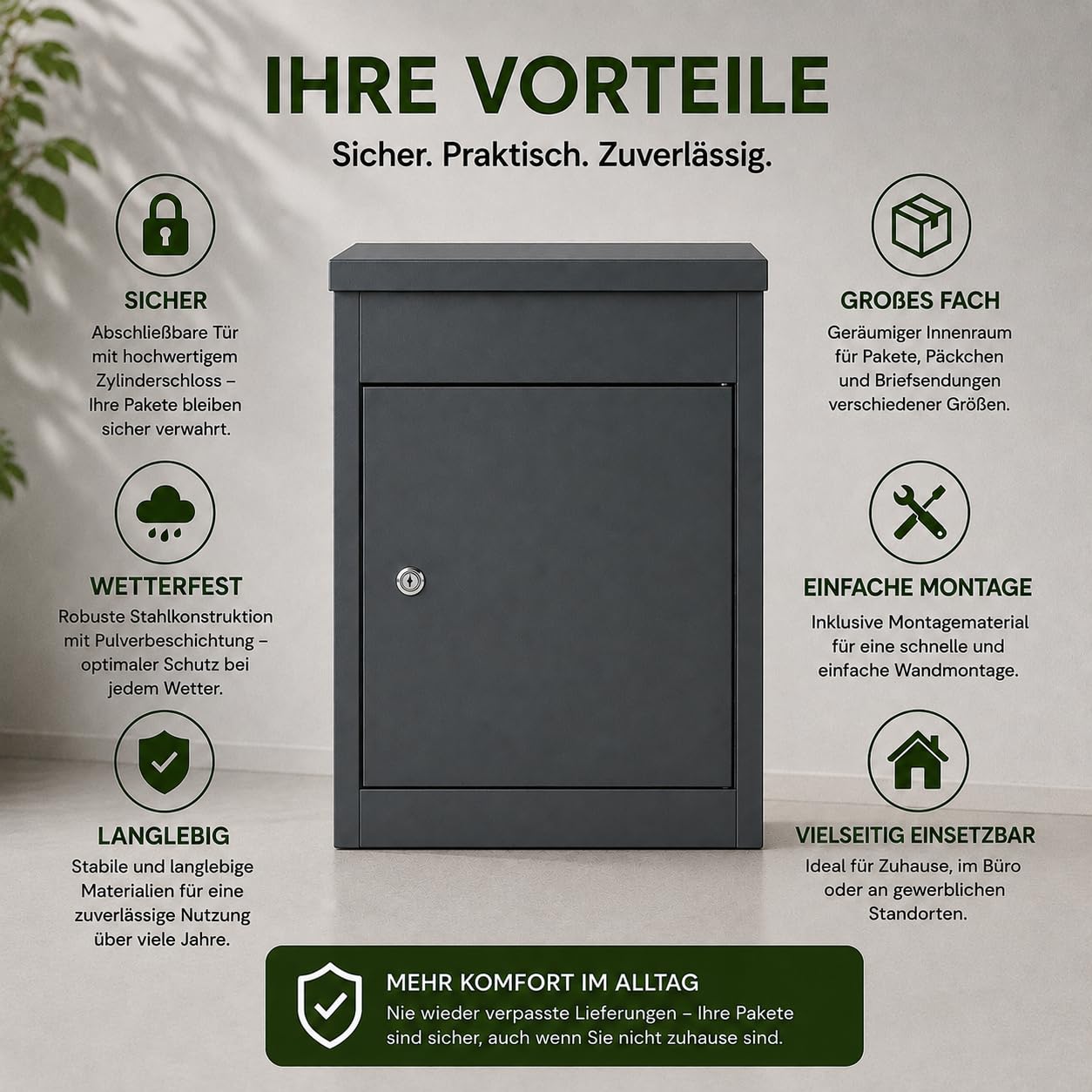 Paketbriefkasten groß – Abschließbarer Briefkasten für Pakete & Post, wetterfest aus Metall, mit 2 Schlüsseln, 41 × 35 × 53 cm – Anthrazit