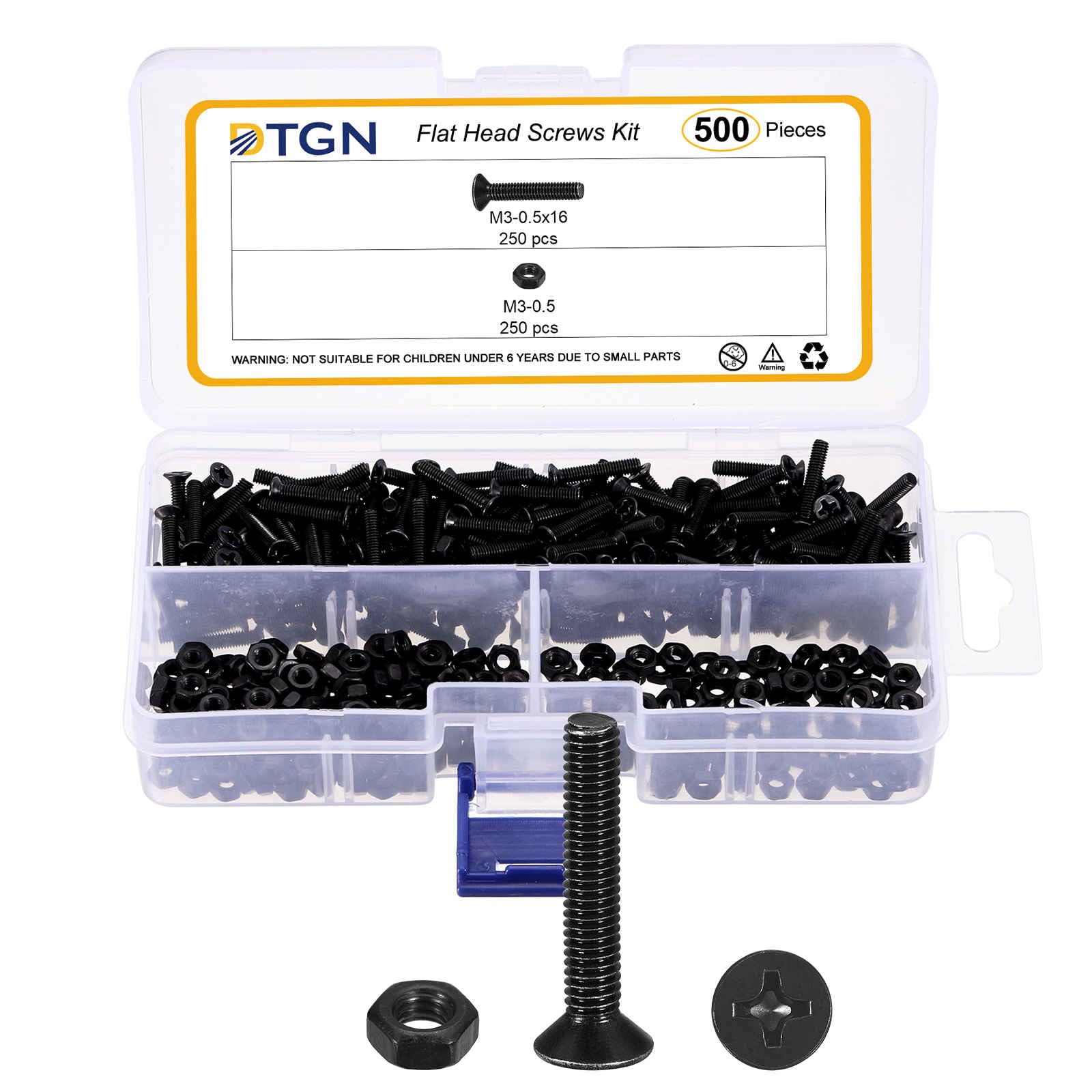DTGN M3-0.5x16 Flat Head Nuts and Bolts Assortment Kit - 500pcs - Good for Electronics and Machinery - Carbon Steel Phillips Countersunk Machine Screws Set - Black — image 1
