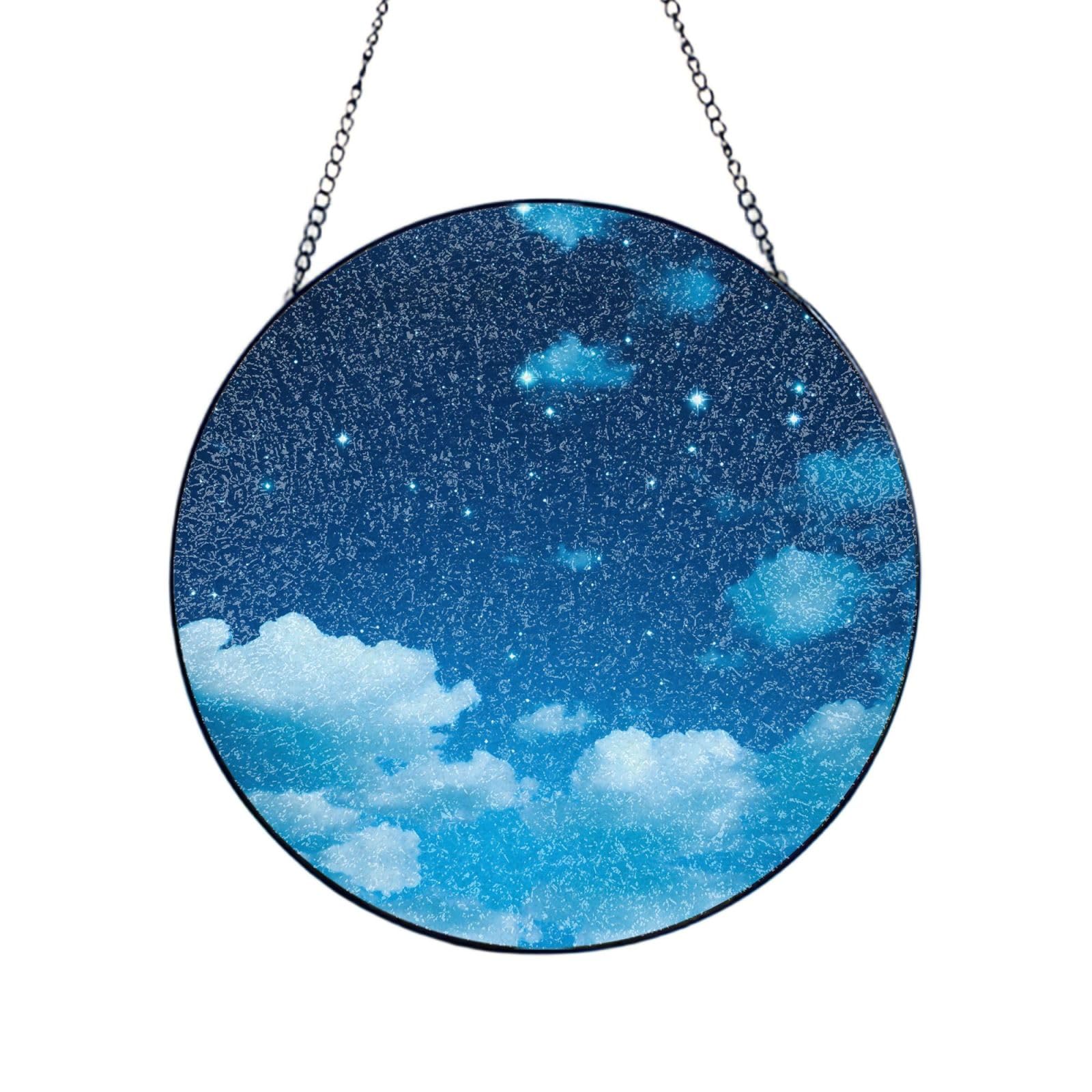 Poezjzw Stained Glass Window Hanging - White Cloud Starry Sky Sun Catcher For Door Garden Home Decor Christmas Mother'S Day Birthday Gifts 12in（30cm）