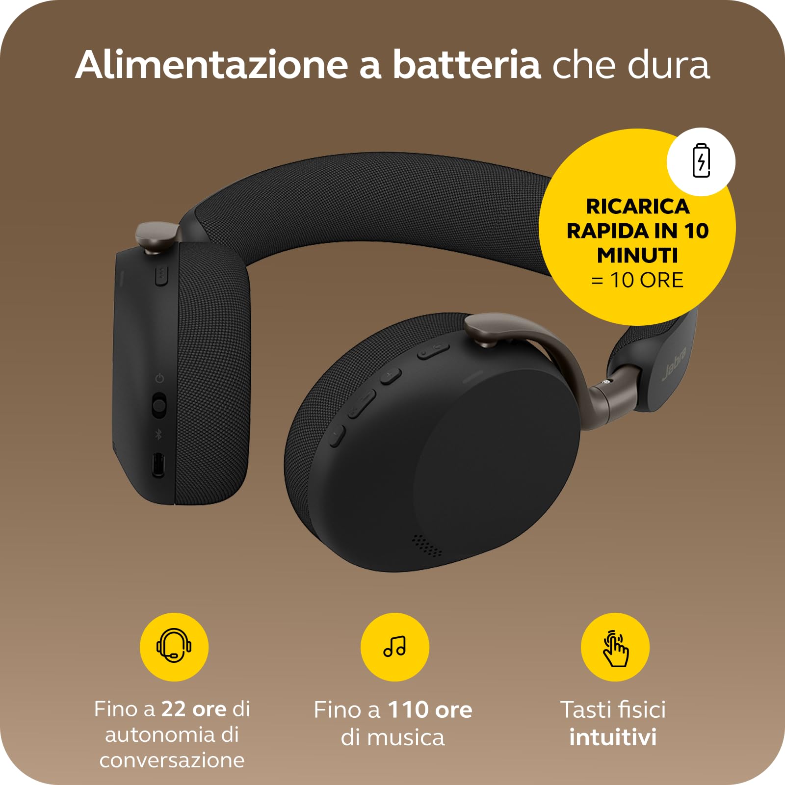 Jabra Evolve3 75 Cuffie On-Ear Wireless Bluetooth con Microfono per Lavoro, USB-C, AI Chiamate, Cancellazione Rumore Attiva Avanzata, 22h Batteria, per App Meeting Online, Nero