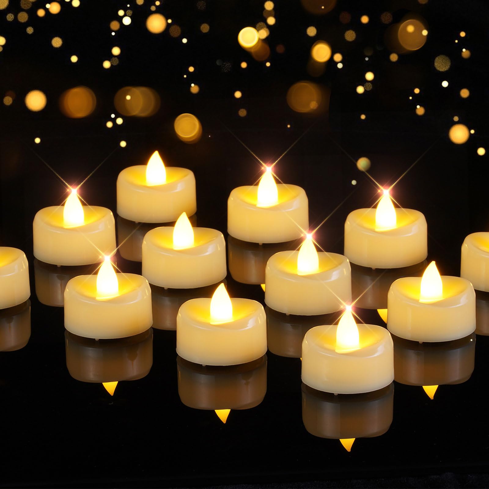 AMAGIC 12 Pack Moby LED Battery Tea Lights, FLameless Candle, Electric Fake Tealights for Vovite, Romantic, Wedding, Celebration, Table Decor, Warm Yellow