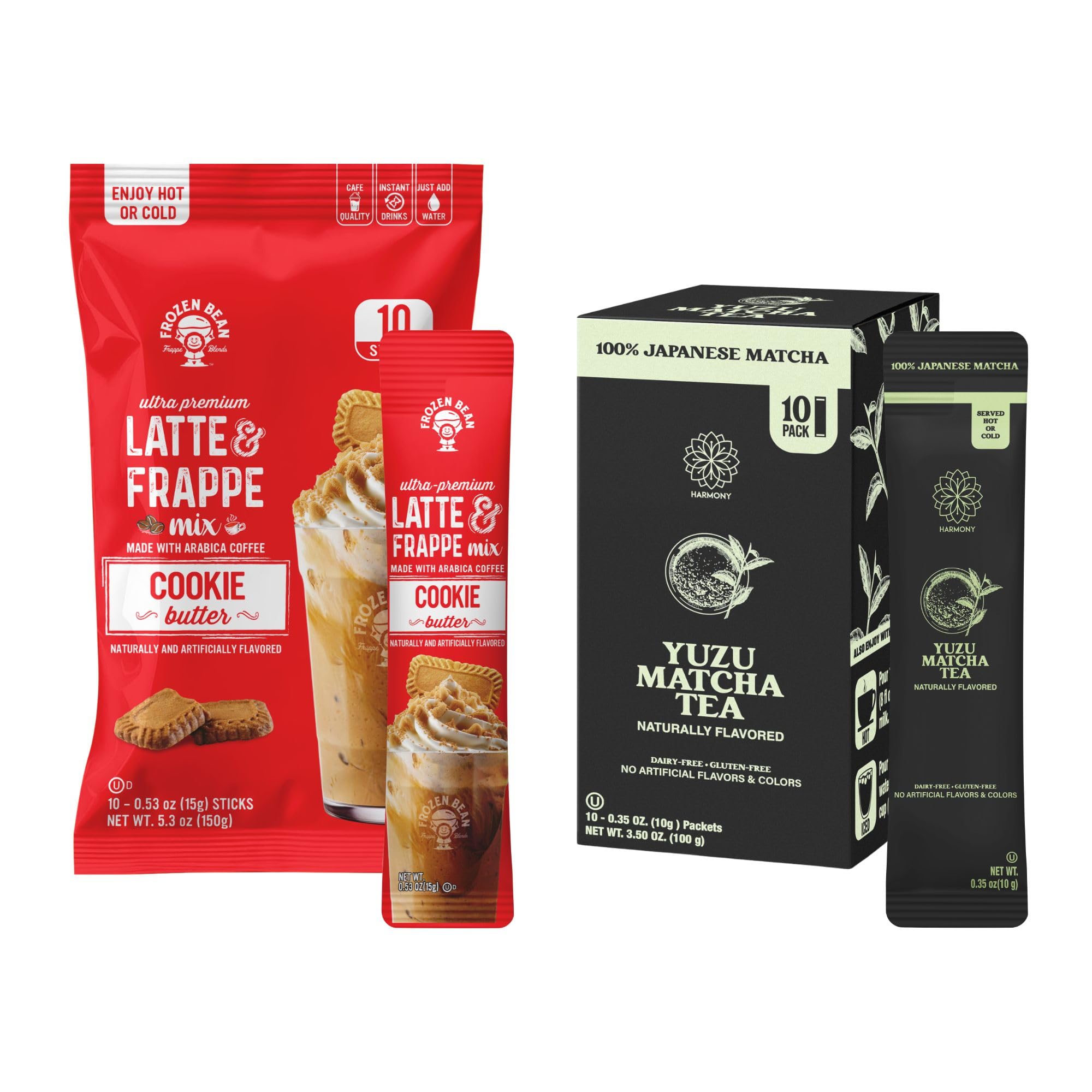 Cookie Butter Frappe & Latte Instant Mix (10 Sticks) - The Harmony Matcha Yuzu (10 Sticks) Premium Japanese Matcha Powder by The Frozen Bean – Pack of 10