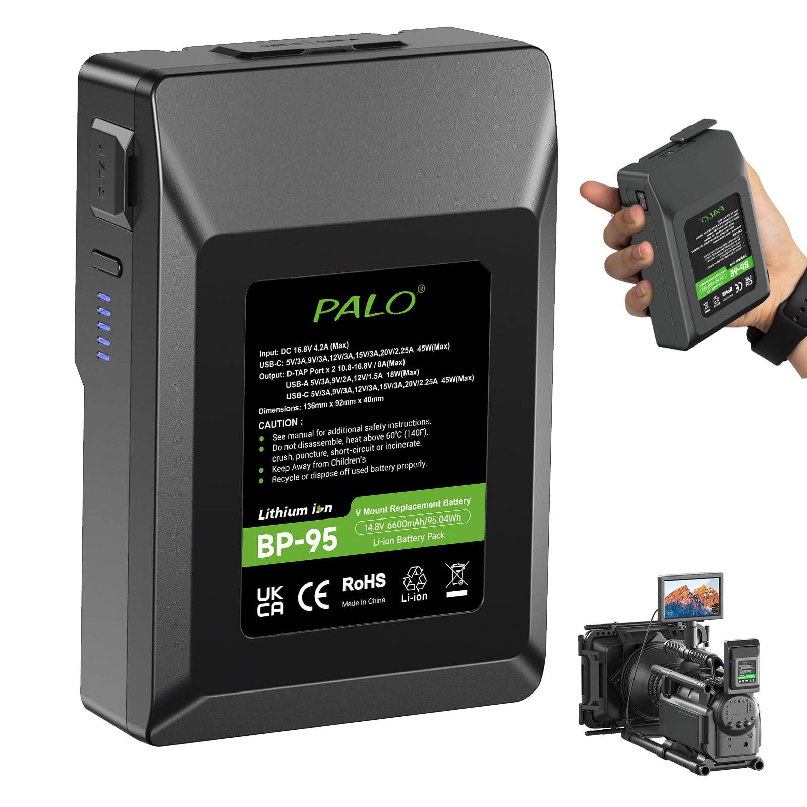 Batteria V-Mount 98Wh Per Videocamere | Compatibile Sony, Blackmagic, LED | Con D-Tap E Cavo DC