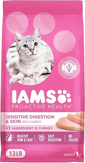 IAMS PROACTIVE HEALTH Adult Sensitive Digestion & Skin, Dry Cat Food with Turkey Cat Kibble, 13 lb. Bag